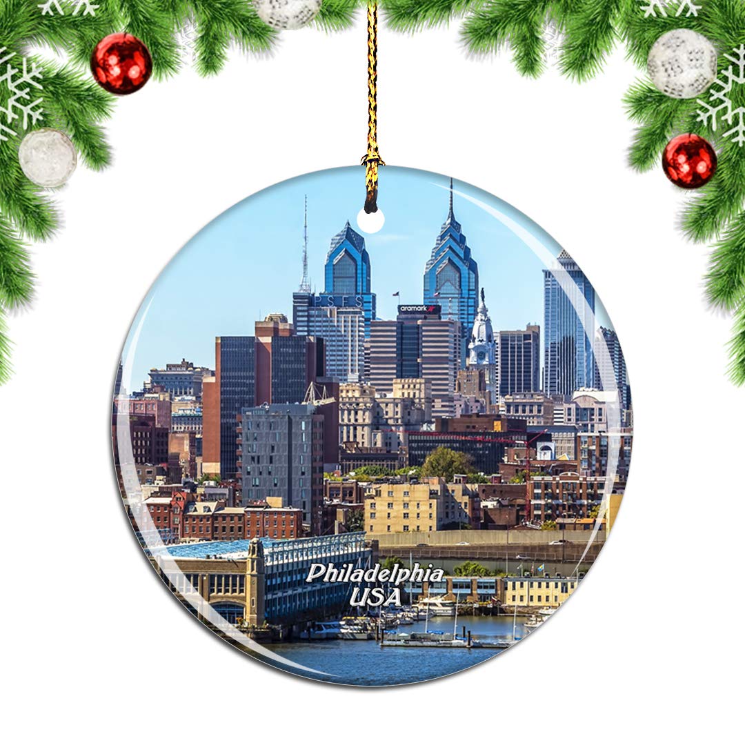 Weekino Usa America Philadelphia Christmas Xmas Tree Ornament Decoration Hanging Pendant Decor City Travel Souvenir Collection Double Sided Porcelain 2.85 Inch