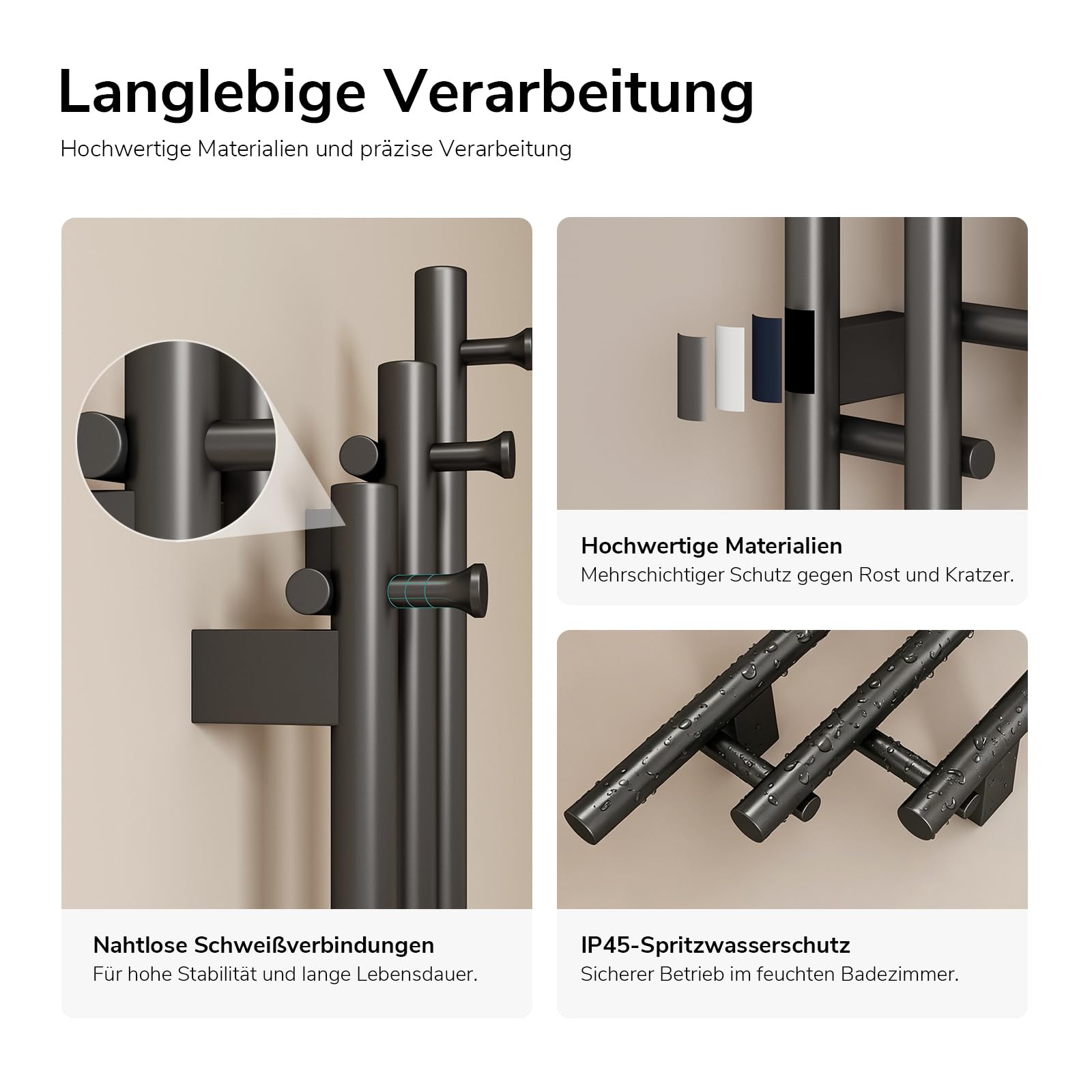EMKE Elektrischer Handtuchheizkörper 1150 x 216 mm, Design-Handtuchwärmer mit WiFi-App-Steuerung, Badheizkörper mit 6 Haken, 220 W, IP45, Grau
