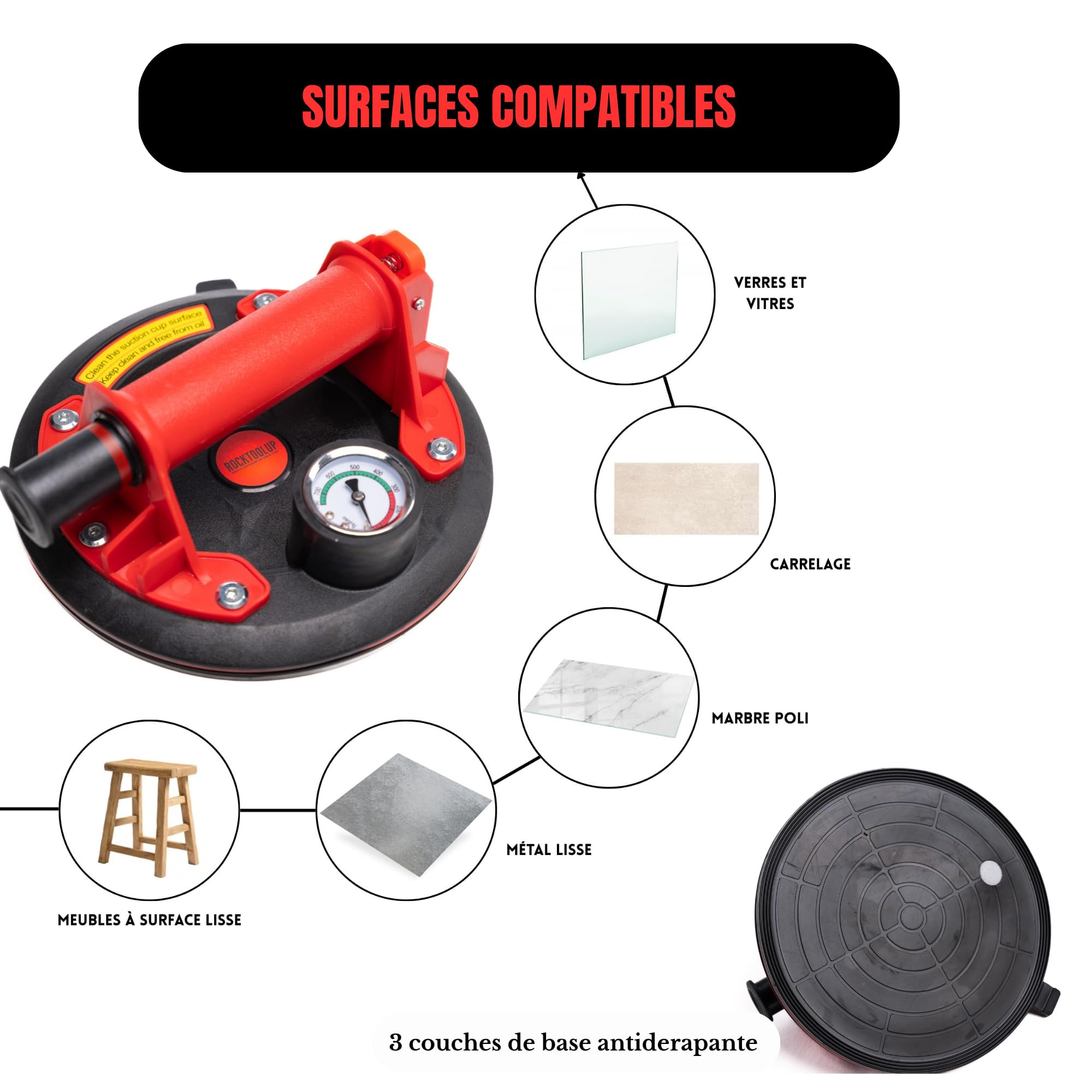 2 Ventouses Carrelage RockToolUp 200mm avec Manomètre | Capacité jusque 400kg, Professionnelles, Pour Carreaux, Pare-brise, Meuble, Déménagement, Kit & Malette incluse