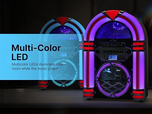 Miniatura 10 de VICTOR Wilshire Jukebox Bluetooth de escritorio con radio FM, altavoz estéreo integrado e iluminación LED multicolor, caoba (VDTJ-1450-MH)