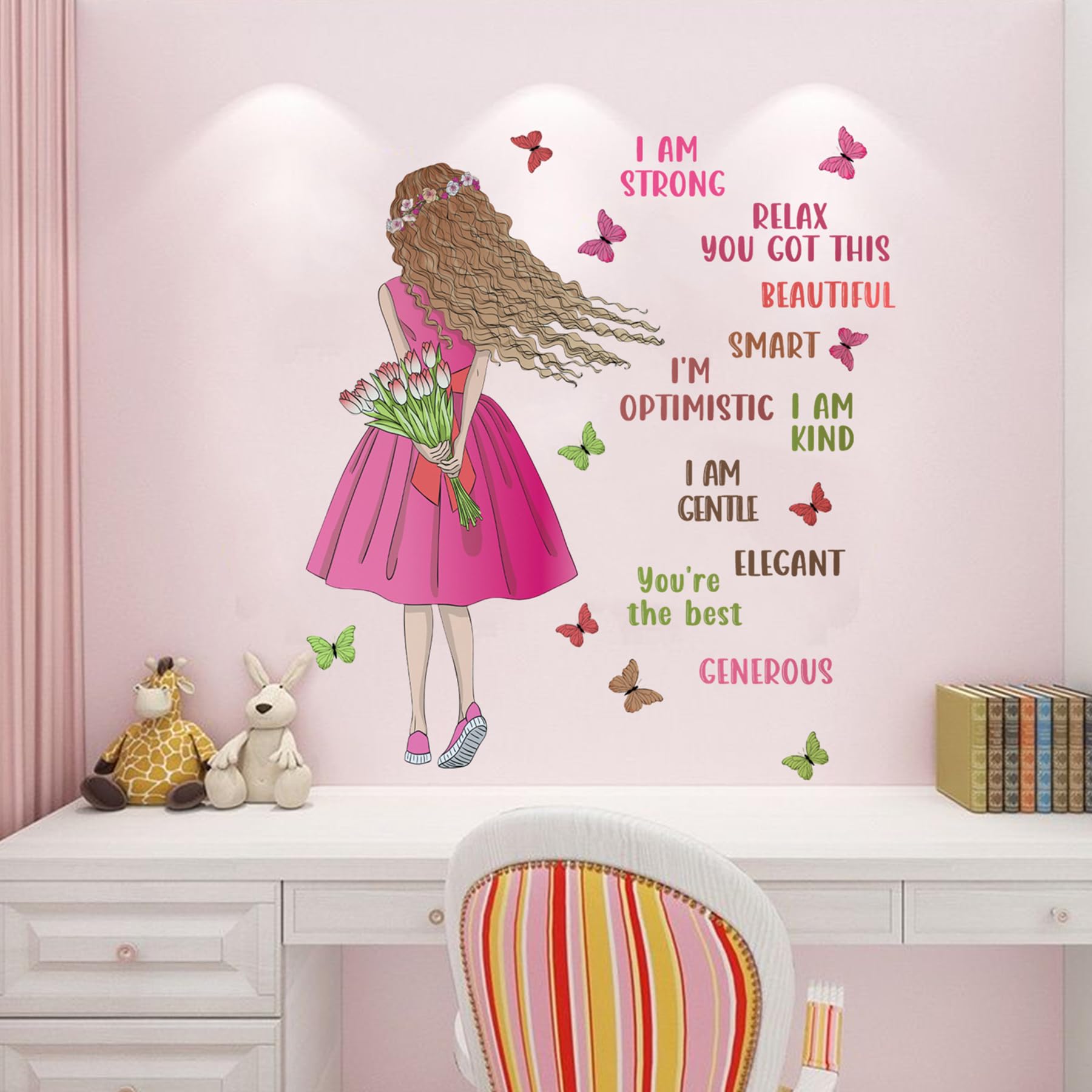 Inspirational Girl Wall Stickers for Girls Bedroom Positive Affirmation Wall Decals with Pink Girl & Butterflies