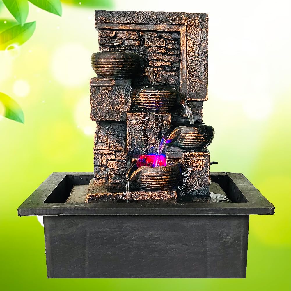 Briovy Waterfall Fountain Indoor Home Decor Polyresin Indoor/Outdoor Water Fountains with LED Lights, Home Decor, Decoration Living Room, Birthday Gift, (Coper-New)-image-45