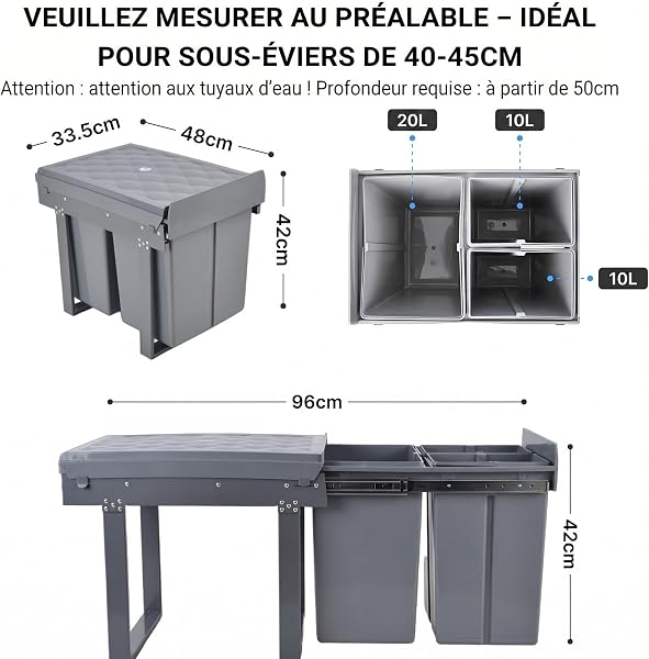 MinteLiv Einbaumülleimer Küche 3 Fächer (20L+2x10L) – Mülltrennsystem,5-Punkt-Verstärkung,ausziehbarer Unterschrank-Mülleimer,abnehmbarer Deckel,geruchsminimierend,48x33,5x42cm Grau - 5