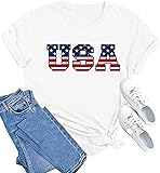 MAIHUN American Flag Shirts for Women 4th of July T-Shirt USA Print Patriotic Shirt Stars and Stripes Tees White X-Small