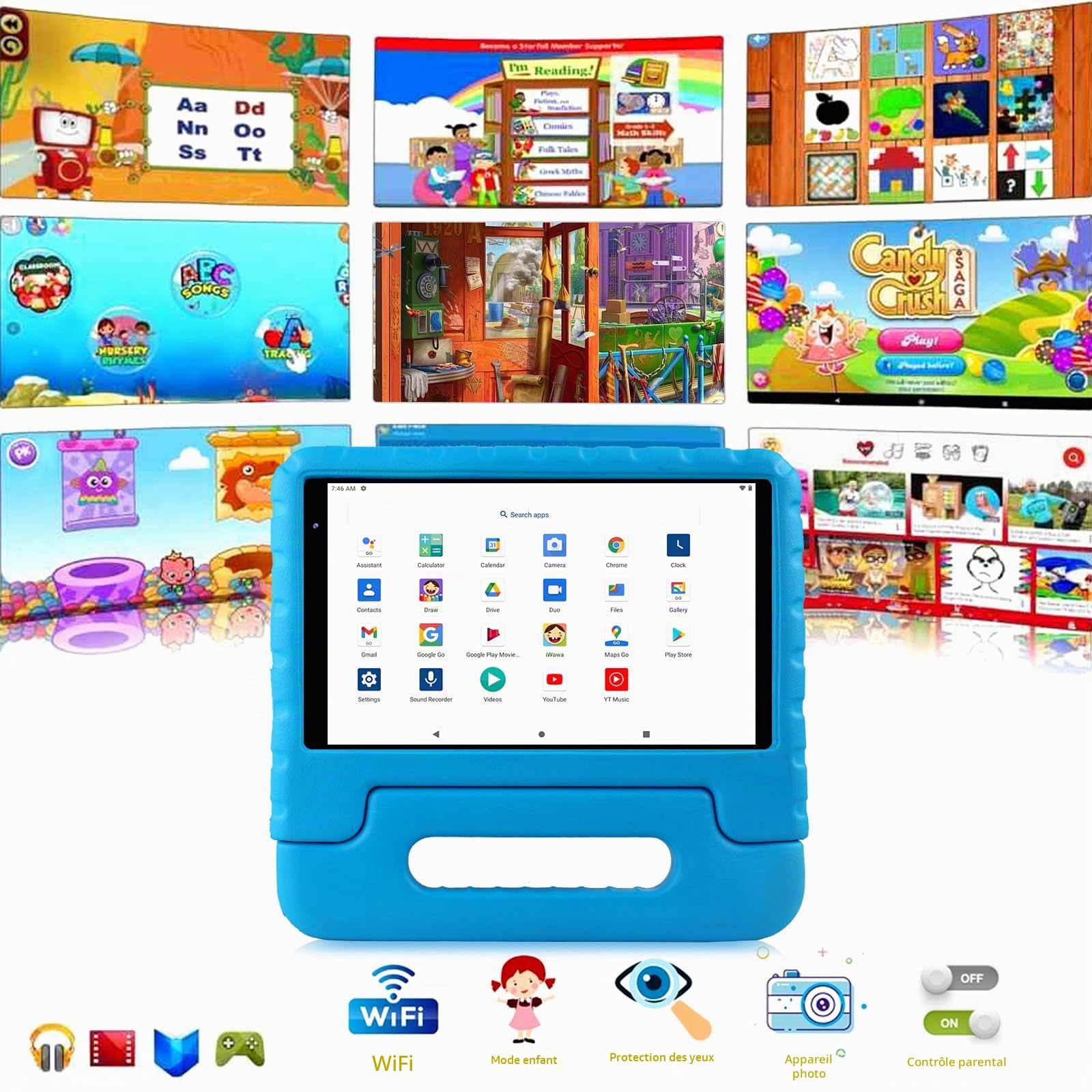 Tablette Enfants 8 Pouces Android Tablette avec Sufficient RAM + ROM(TF 2To), Très Longue Enduranceavec GMS Certified, WiFi, Bluetooth, avec Double Caméra Écran FHD Tablettes avec Étui Anti-Chute-Bleu