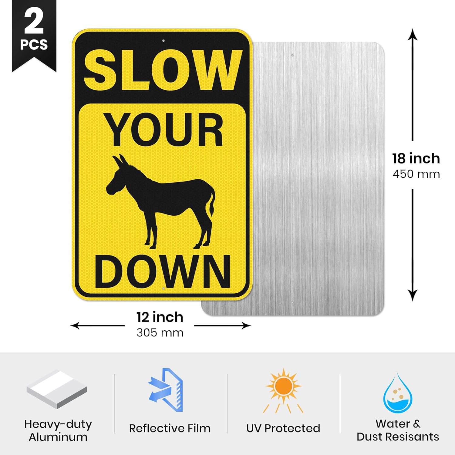 2 Pack Funny Slow Down Signs 12 x 18 Inch Reflective Aluminum Slow Your Donkey Down Metal Signs for Neighborhoods Road Drive Slow Sign Warning Yard Decor