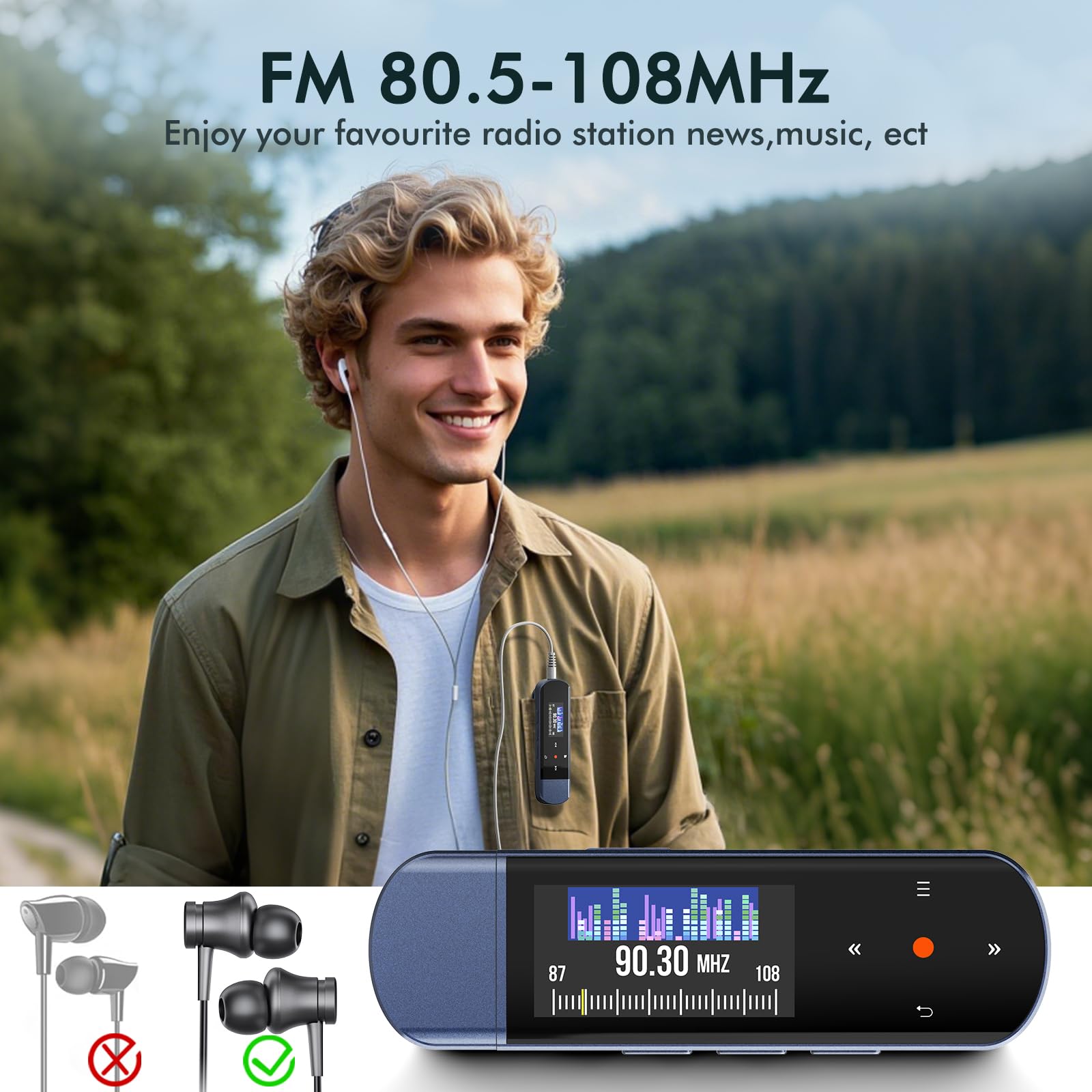 64GB Tragbarer USB MP3 Player mit Bluetooth 5.3, Clip für Sport & Laufen, FM Radio, Voice Recorder, Handy-Dateiübertragung & digitaler Audio-Shuffle