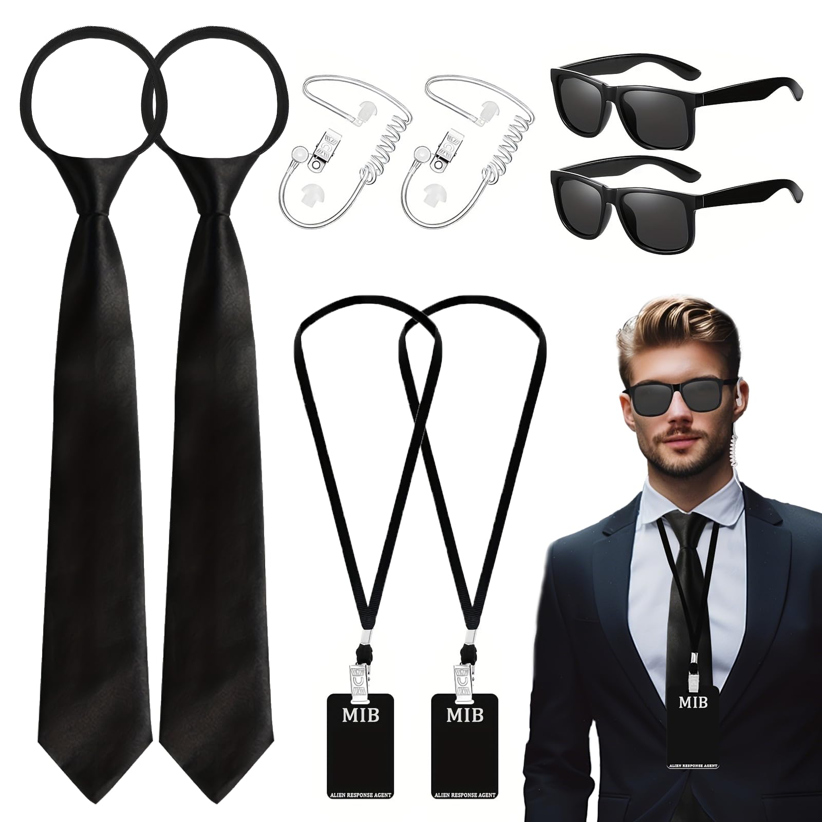 Agent Costume Accessories Set, 8PCS Secret Spy Costume Kit with Thin Frame Glasses, Black Necktie, Earpiece