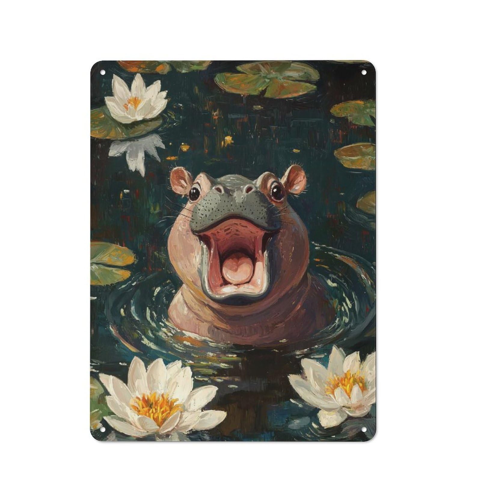 Junmoney Style-23 Shop Front Style Smiling Hippo In Water Lilies Cafe Metal Sign 40X30cm, Bistro Wall Plaque For Tea Room, Shop Wall Or Breakfast Area