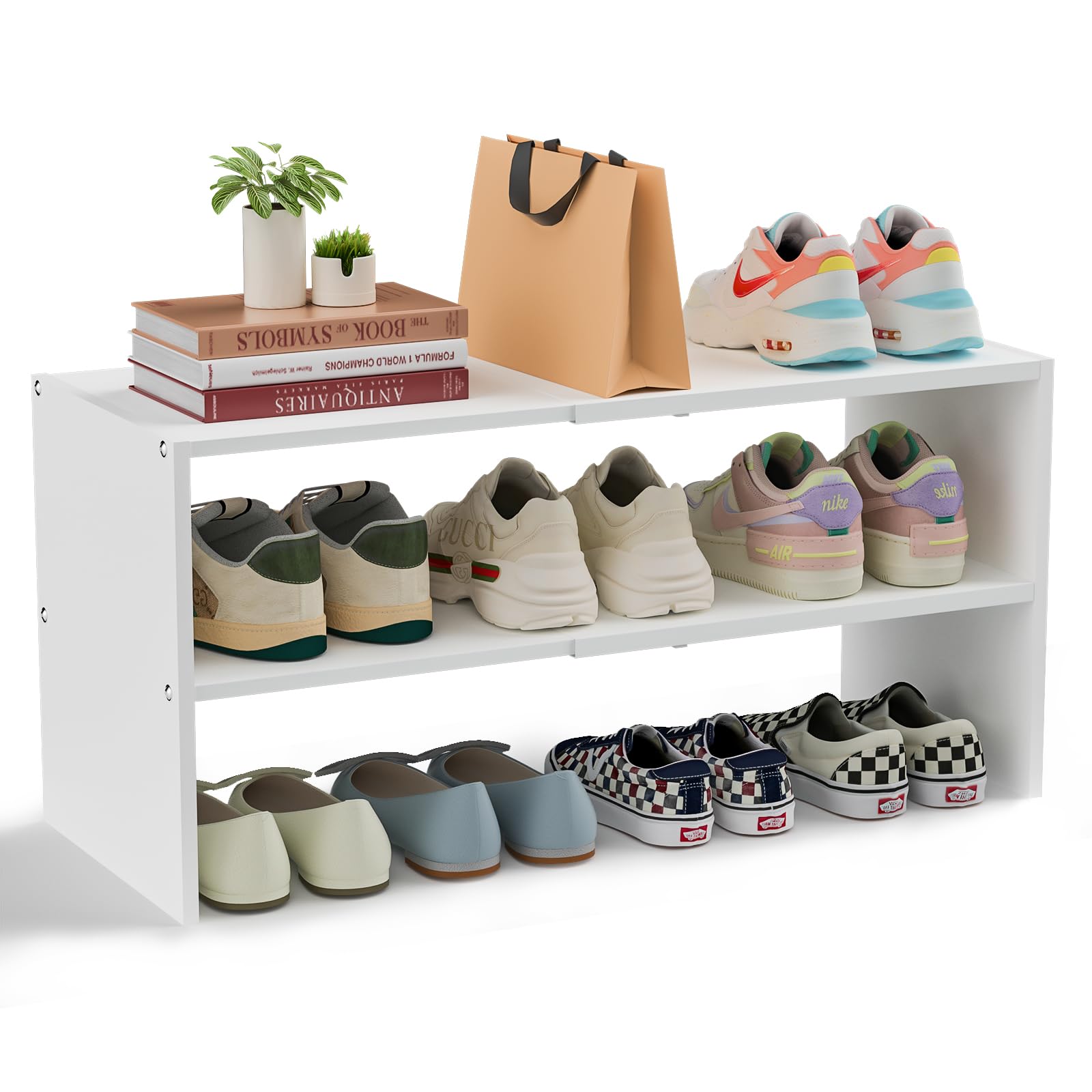 White Shoe Rack Organizer for Closet, 2-Tier Expandable Shoe Shelf, Stackable Iron Wood Combination Small Shoe Racks Shelves for Closets, Entryway,Small Space,Hallway,Garage,6-12 Pairs,Patent Pending