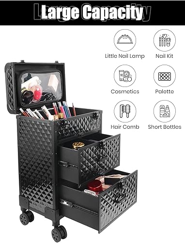 Miniatura 5 de EBANKU Estuche de tren de maquillaje rodante con ruedas giratorias de 360, Negro -, Caja de maquillaje