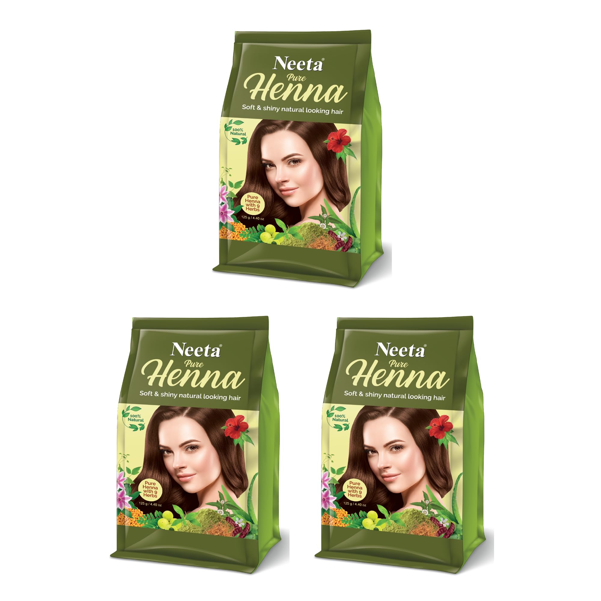 Neeta Pure Henna Powder for Hair with 9 Natural Herbs 125g Pack of 3, 100% Natural Henna Mehndi for Soft & Shiny Natural Looking Hair