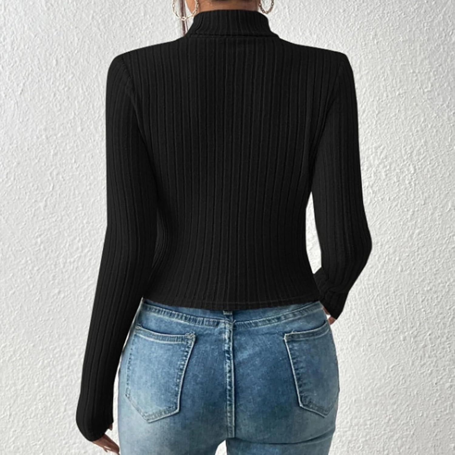 Turtleneck Sweater for Women Slim Fit Long Sleeve Ribbed Tops Classy Cutout Front Tight Undershirt Dressy Work Blouse - Image 4