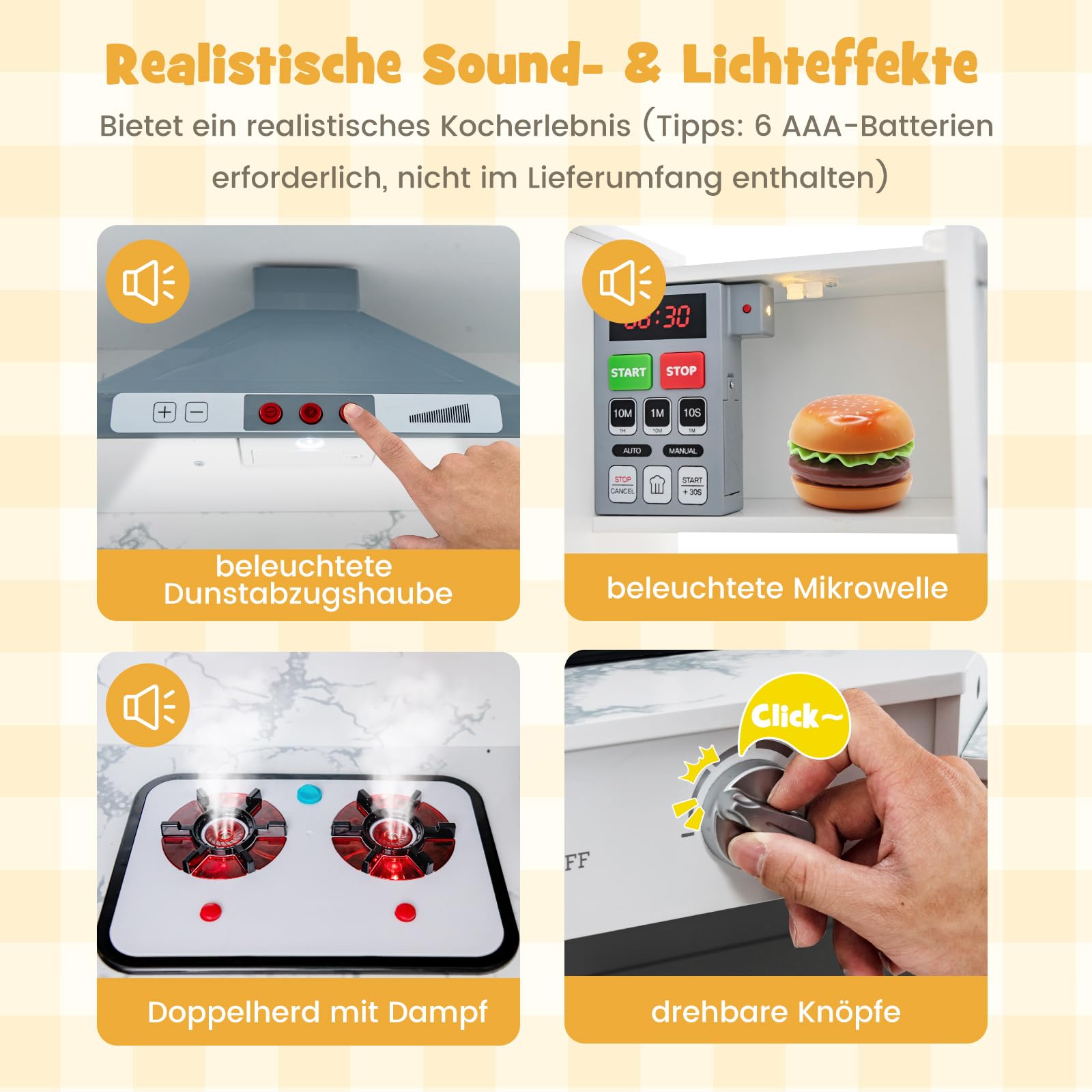 COSTWAY Kinderküche Holz, Spielküche Eck mit Licht und Sound, Holzküche mit Tafel & Spüle & Ofen, inkl. Zubehör, Spielzeugküche für Kinder ab 3 Jahren (Weiß)