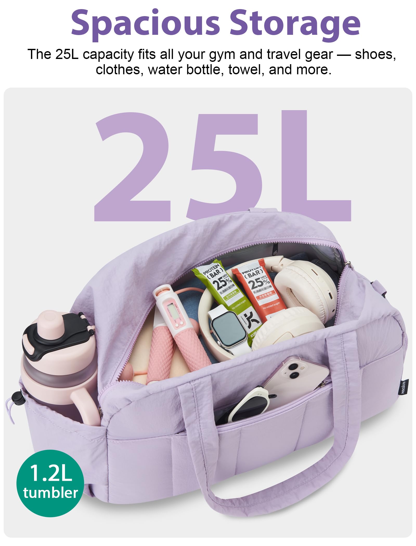 Borsone Palestra per Donna Uomo 25L 42×30×20 cm, Borsa da Viaggio Pieghevole con Scomparto Scarpe Idrorepellente, Tasca Bagnato/Asciutto, Duffle Bag Ideale per Piscina, Parto e Ospedale Viola