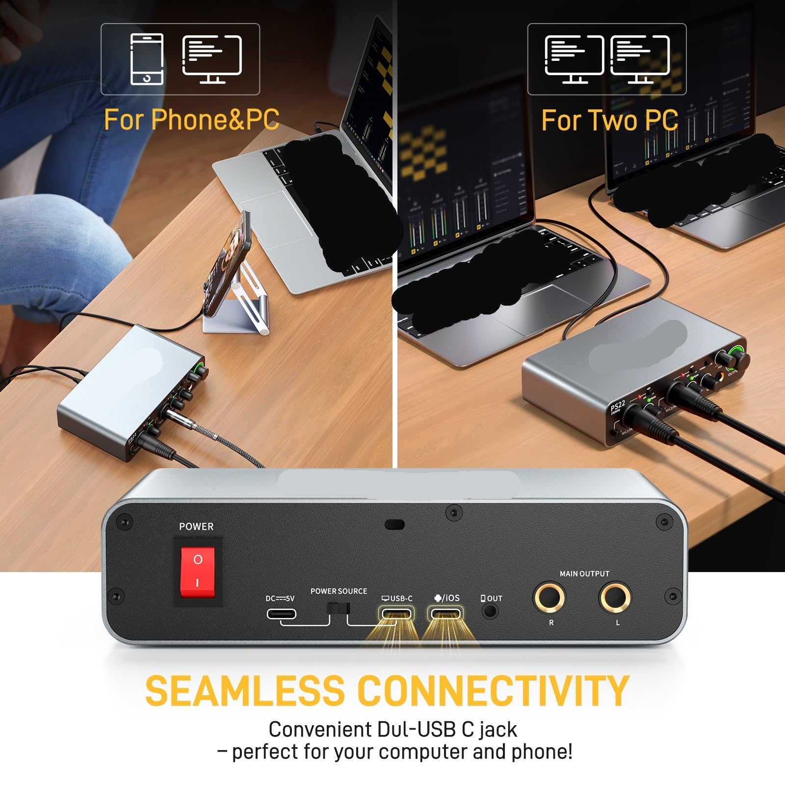Interfaz de audio for PC, preamplificador profesional de 60 dB, 24 bits 192 kHz, interfaz USB dual