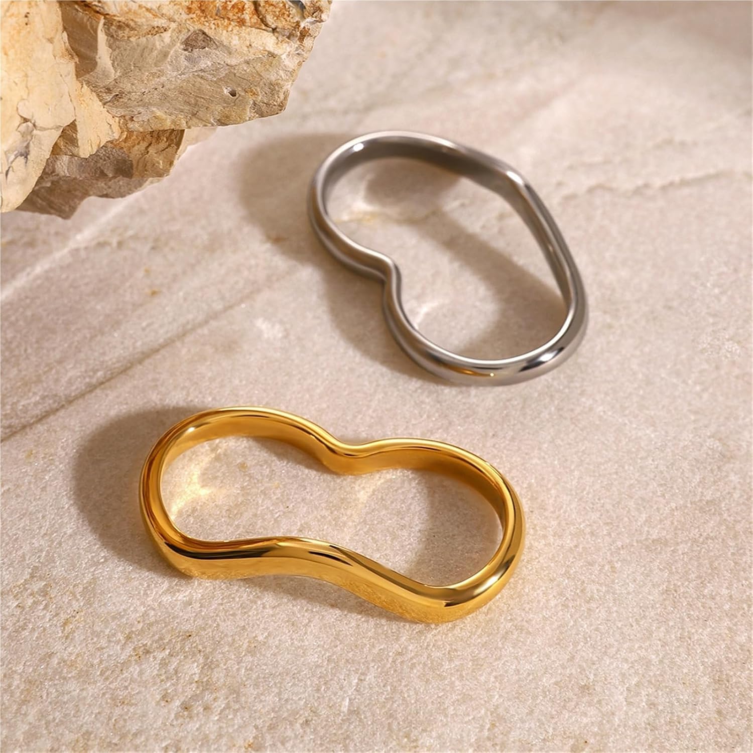 Line Geometric Wave Double Finger Ring Simple Stainless Steel Trendy Jewelry Gift 1Pcs