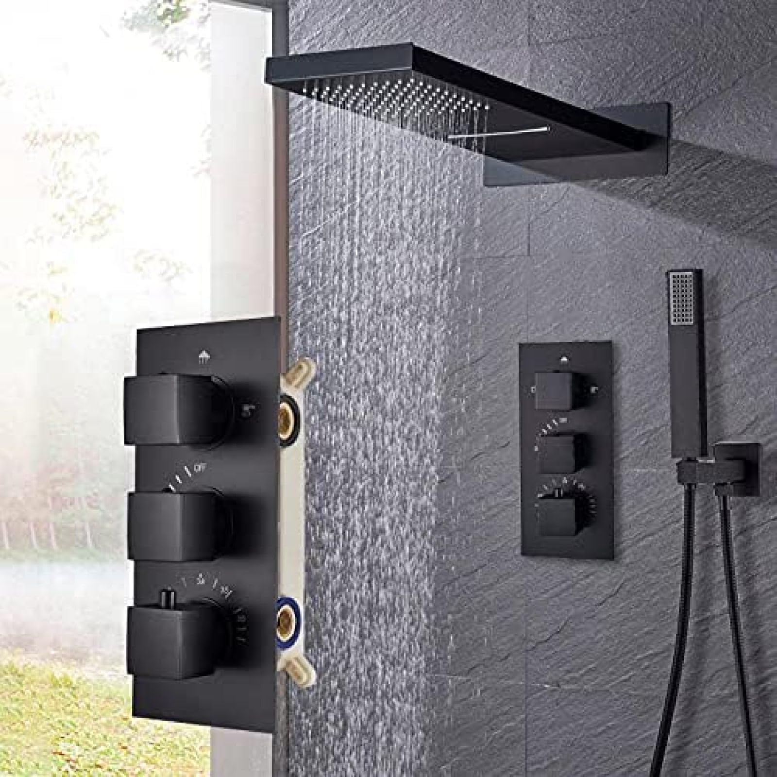 NGDFGR Luxury Waterfall Rainfall Shower Faucet Thermostatic Valve Mixer Wall Mounted Thermostatic Shower Set With Handshower-Matte Black,Matte Black,Shower Faucet Set,Matte Black