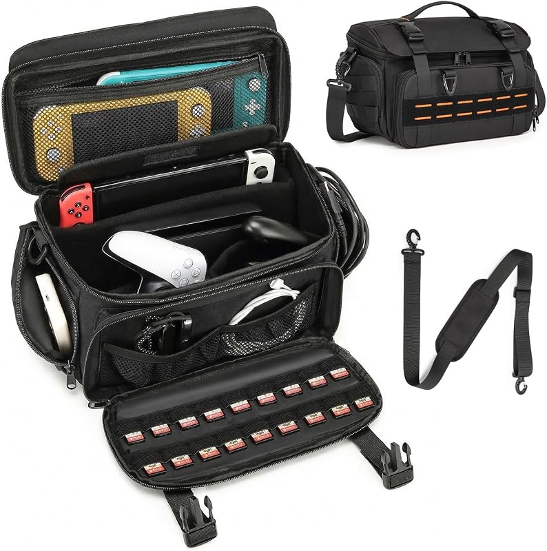 Sling Carrying Case Compatible with Nintendo Switch/Switch 2/ROG Ally X | Protective Tactical Shoulder Travel Bag with Game Card Slots & Pockets for Dock, AC Adapter, Controllers
