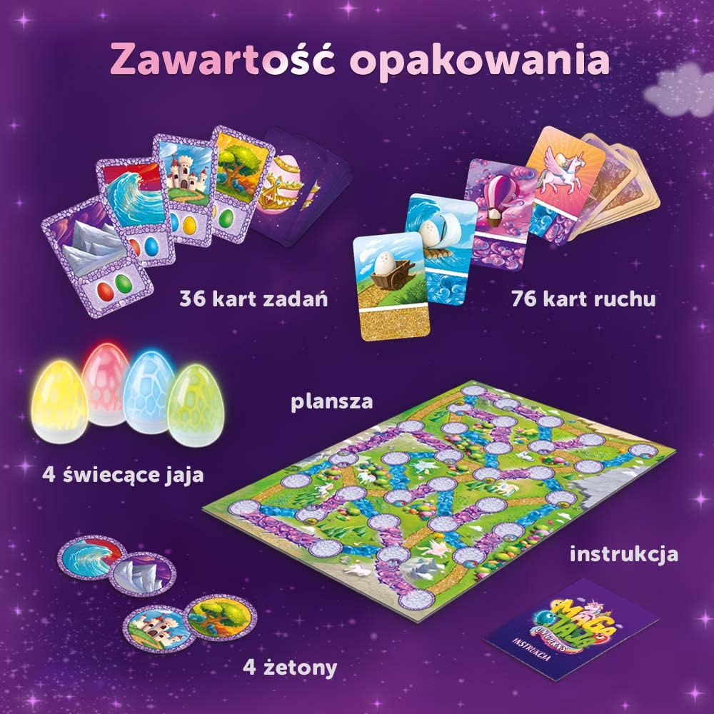 Trefl - Magajaja Unicorns - Rodzinna Gra Planszowa, Świecące Elektroniczne Jaja i Magnetyczne Żetony, Baśniowy Świat Jednorożców, Nowatorska Gra dla Dorosłych i Dzieci od 6 lat