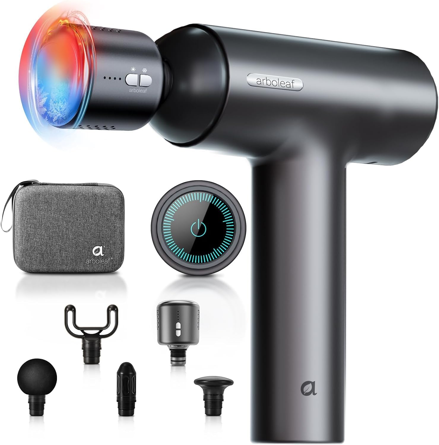 - arboleaf Thermacool Massage Gun with Heat and Cold, 6 Speeds Muscle Massage Gun Deep Tissue with Case, Powerful Percussion Massager for Home Gym Office Muscle Back Pain Relief, Gift