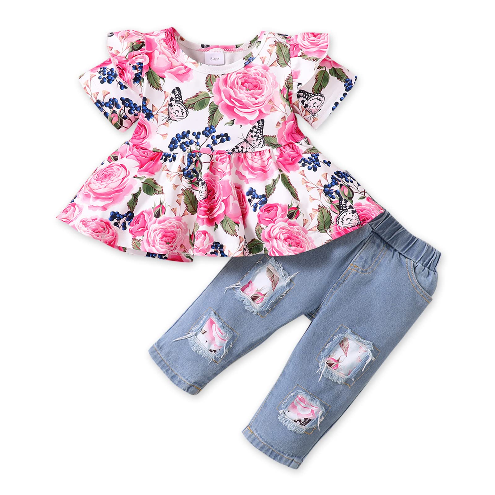 PATPATBaby Girl Clothes Set Infant Toddler Denim Girl Outfits Flower Ruffle Top with Ripped Denim Jeans Pant Sets 3-24M