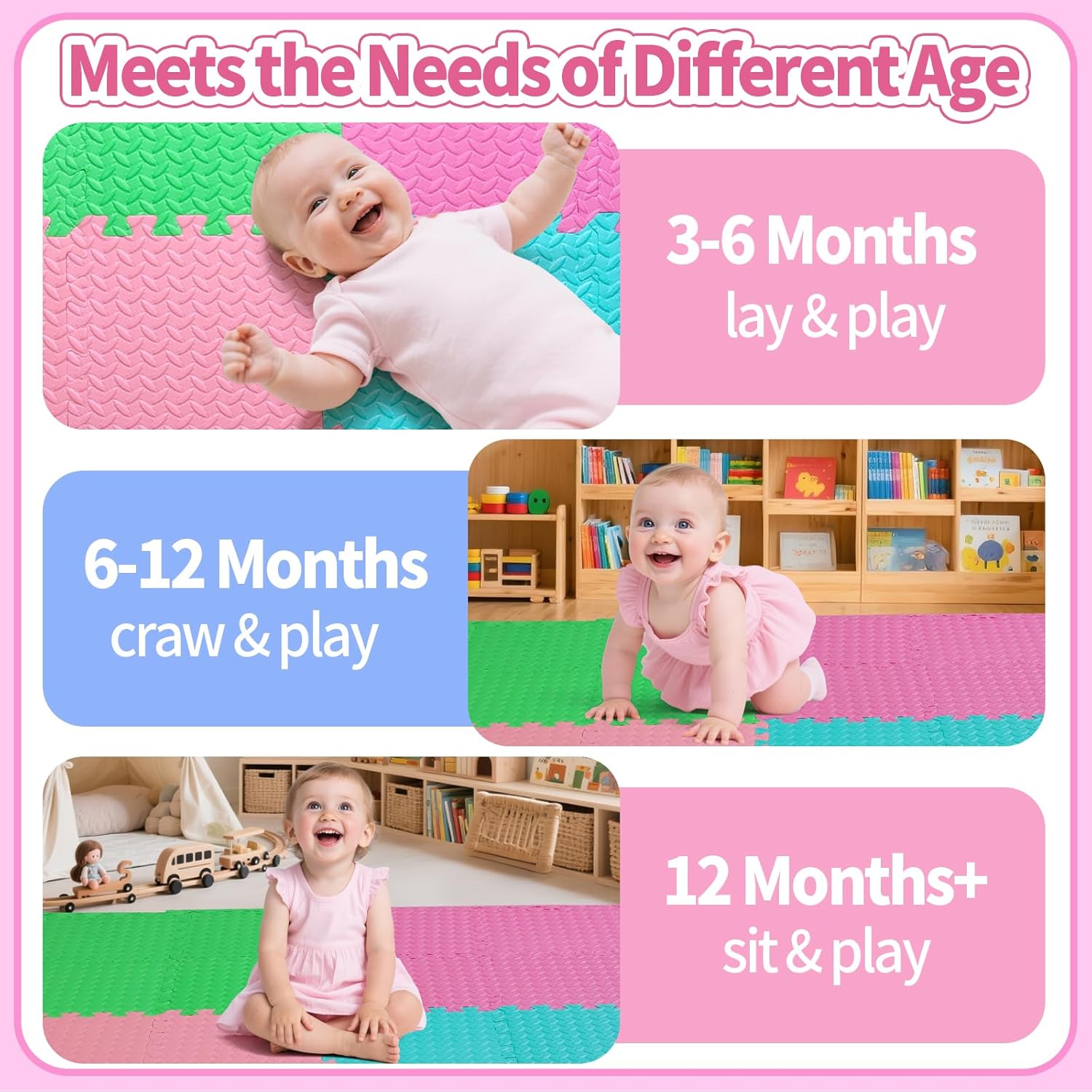Coolcandy Baby Foam Play Mat 16Pcs with Edge Strips, 4 Colors Interlocking Floor Tiles, 0.4″ Thickened Non-Slip Puzzle Floor Mat for Infants Toddlers Playroom & Daycare