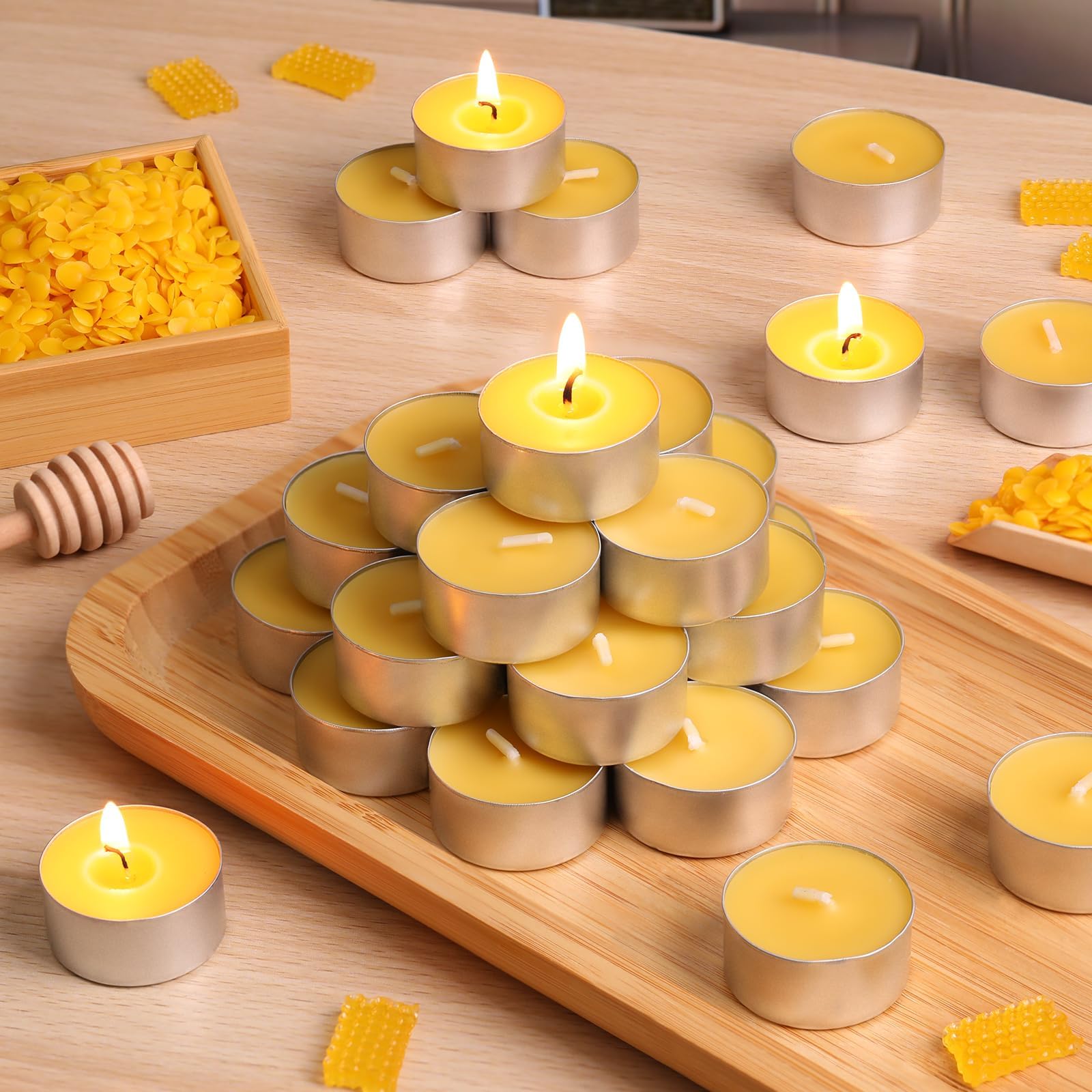 50 lumini in pura cera d'api al 100%, durata 6 ore | Candele in cera d'api naturale, senza paraffina e profumi, per festival, matrimoni, feste e casa