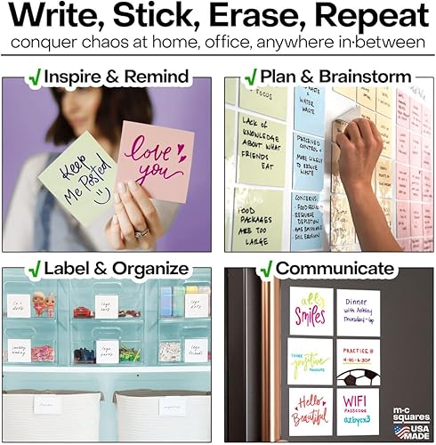 Miniatura 5 de M.C. Squares - Notas adhesivas reutilizables  3 x 3 pulgadas, paquete de 6 calcomanías coloridas  Notas de borrado en húmedo y seco  Reutilizables