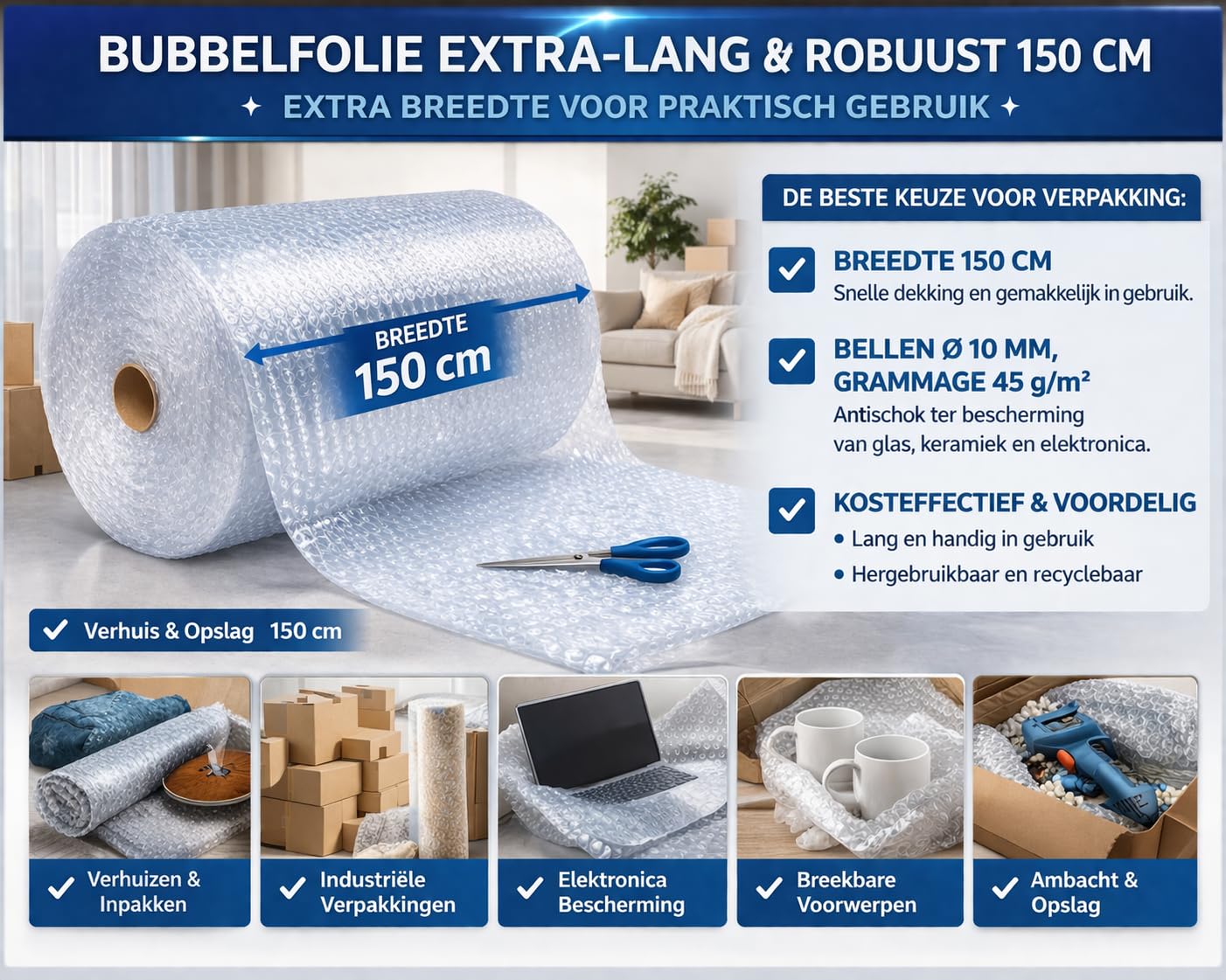 Rotolo Pluriball Extra Large 150 CM - Ideale per Spedizione Trasloco e Trasporto di oggetti fragili e ingombranti - 1 PZ Trasparente - Varie Lunghezze (10Mx1,5M (HxL))