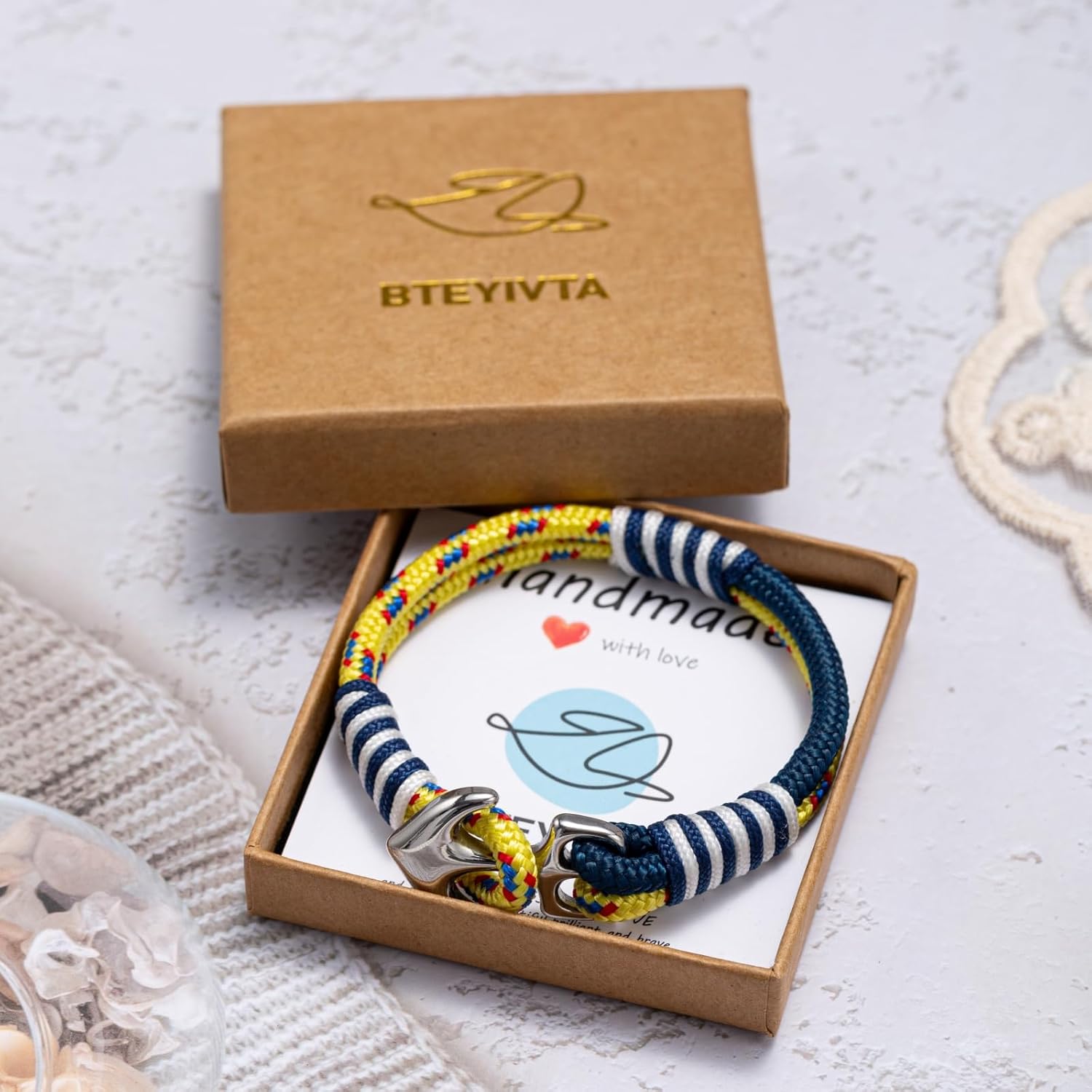 Men's Nautical Anchor Cuff Bracelet, Handmade Black & Blue Stainless Steel Rope Wristband with Lobster Claw Clasp - Image 7