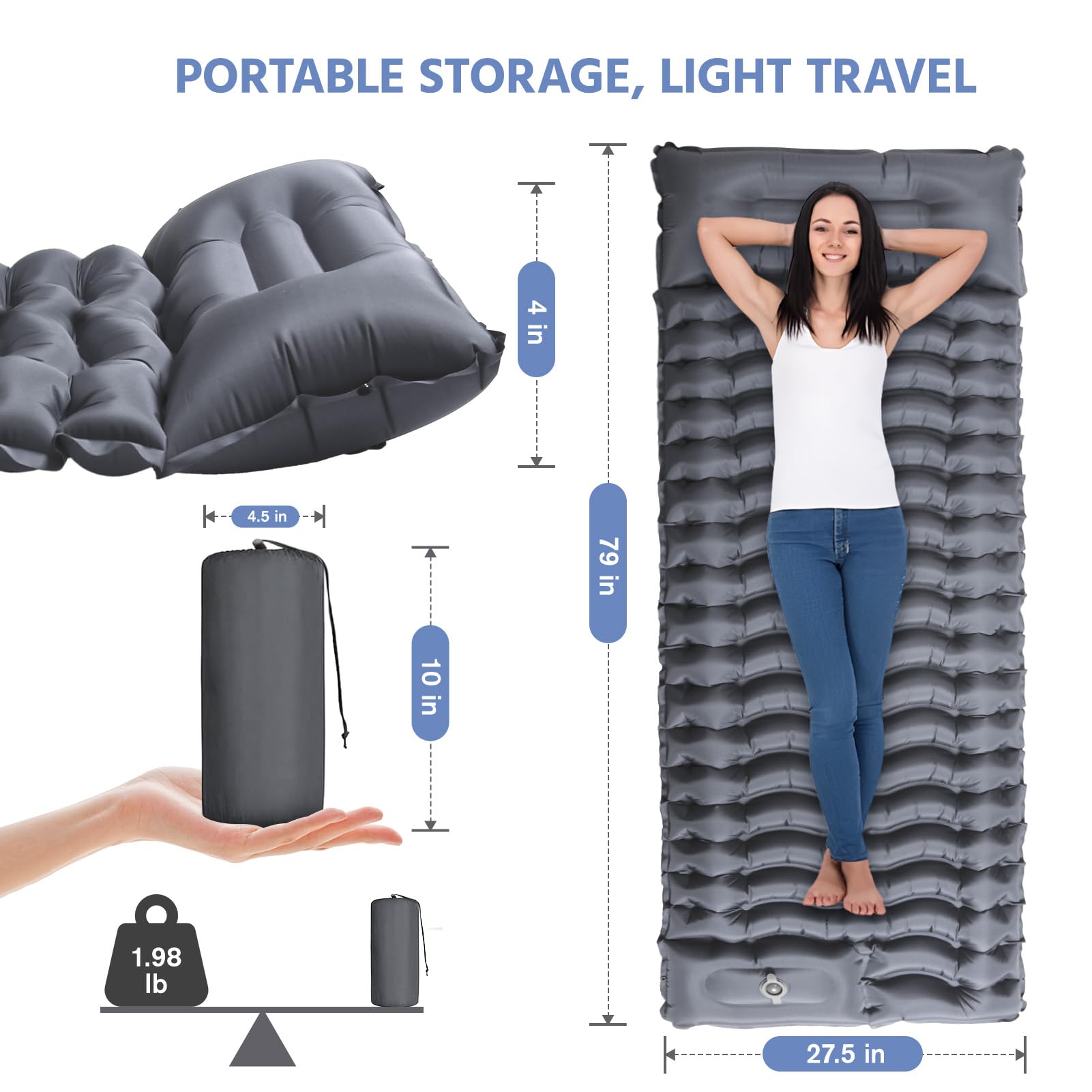 OUTTPLY Sleeping Pad for Camping -Ultralight Inflatable Sleeping Mat with Pillow, Built-in Foot Pump, Compact & Lightweight Camping Mattress Pad for Camp, Backpacking, Hiking, Travel Tent (Grey)