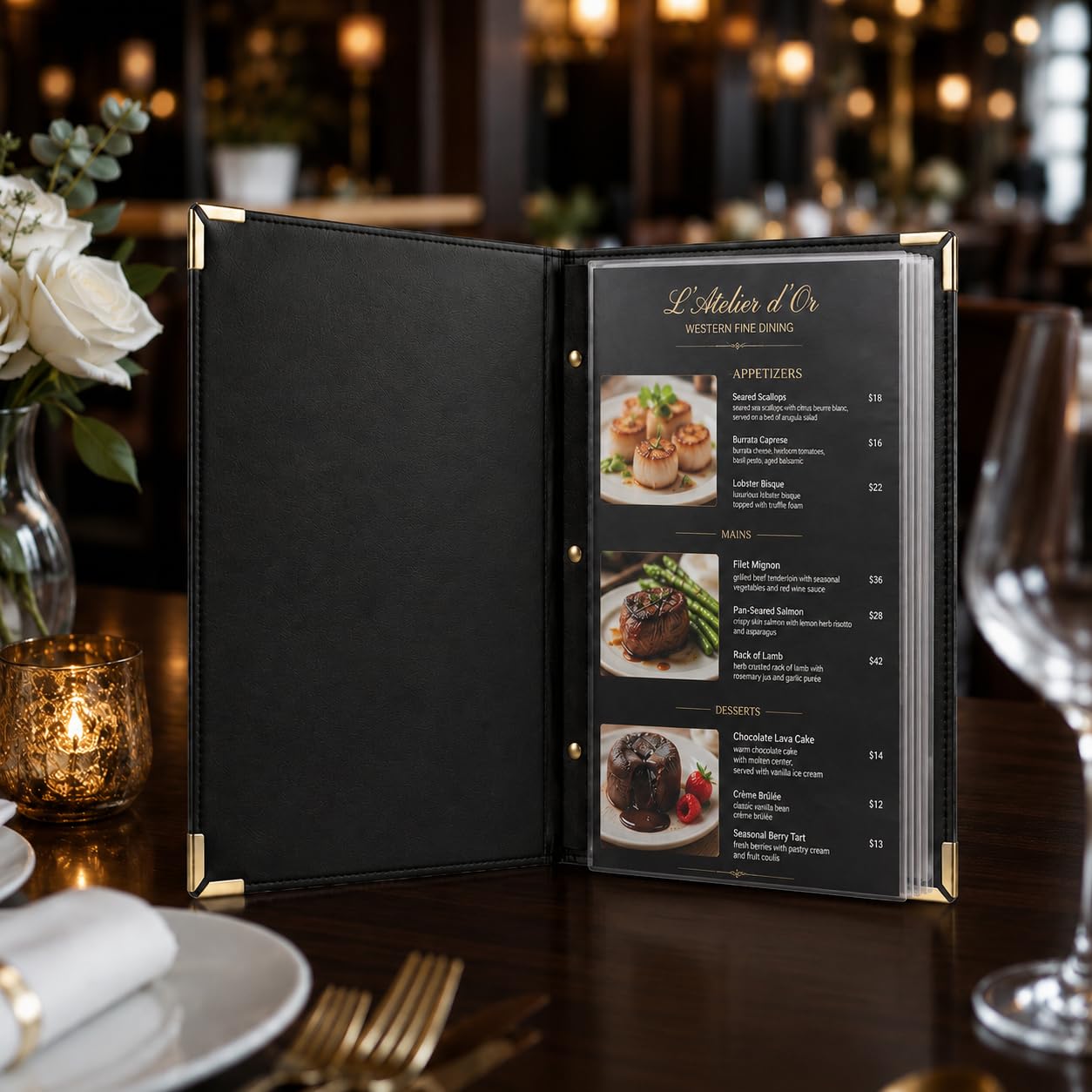Lot de 2 Porte-Menus A4 – Simili Cuir Écologique – 14 Vues Ajustables – Noir – Livre de Menus Élégant et Durable pour Restaurants, Cafés, Bars, Hôtels
