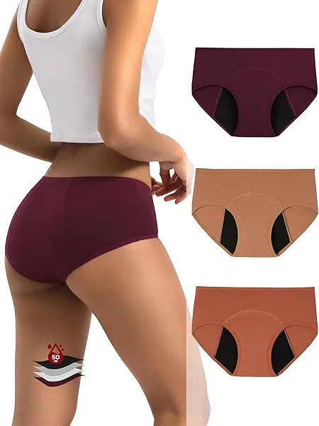 INNERSY Period Underwear for Women Teens Leak-Proof Menstrual Cotton Protective Hipster Panties 3-Pack (Heavy Flow (Maillard Color), Medium)