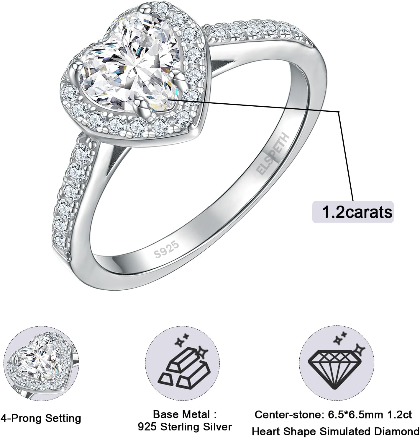 Elspeth 925 Sterling Silver Heart Engagement Ring for Women Heart Cut Cubic Zirconia Promise Ring Size 4-10 - Image 6