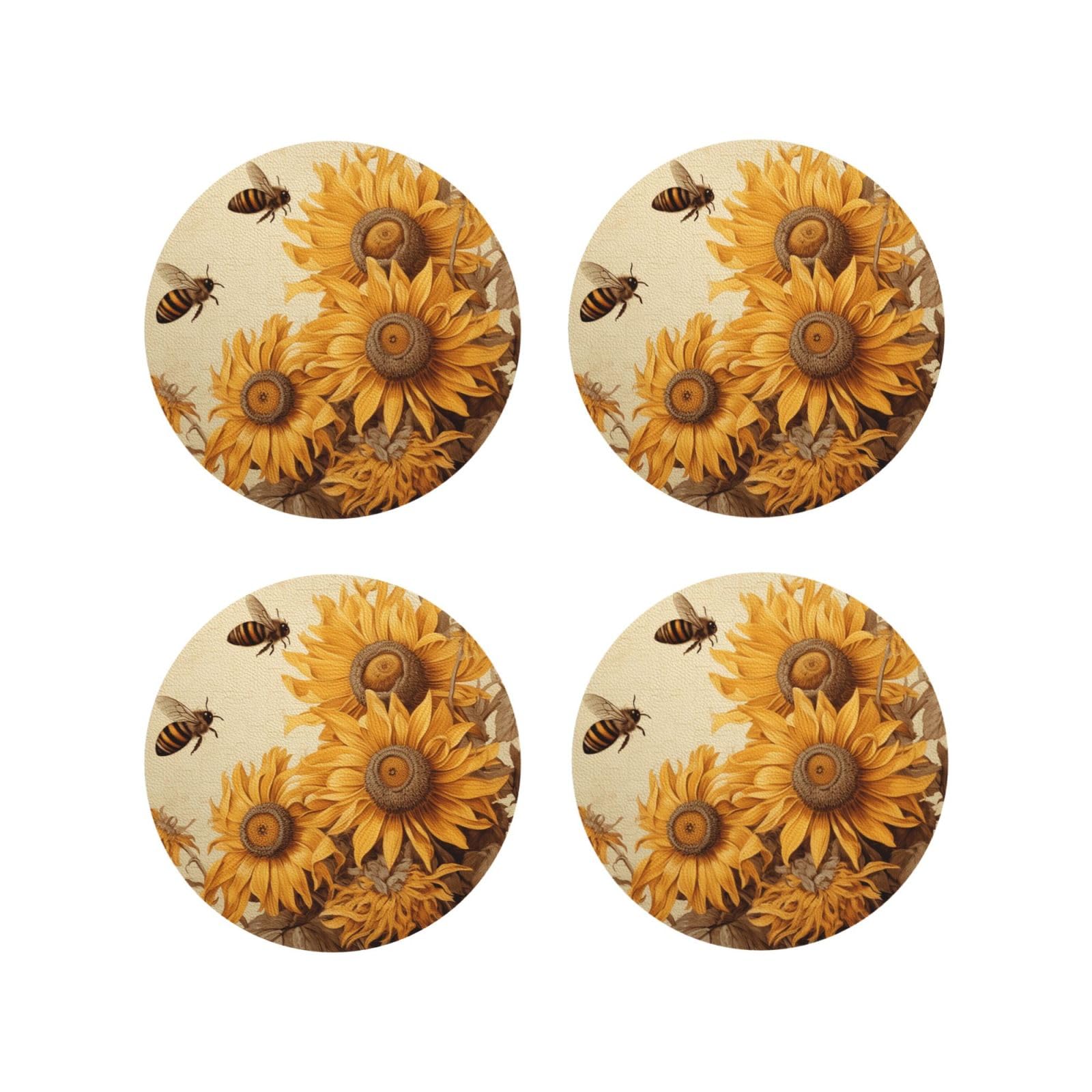 4pcs Drink Coasters for Tabletop Protection, 4" Leather Coasters for Drinks, Bees and Sunflowers Cup Coasters for Coffee Table Decor, Non-Slip Drinking Cup Mat for Hot Or Cold Drink
