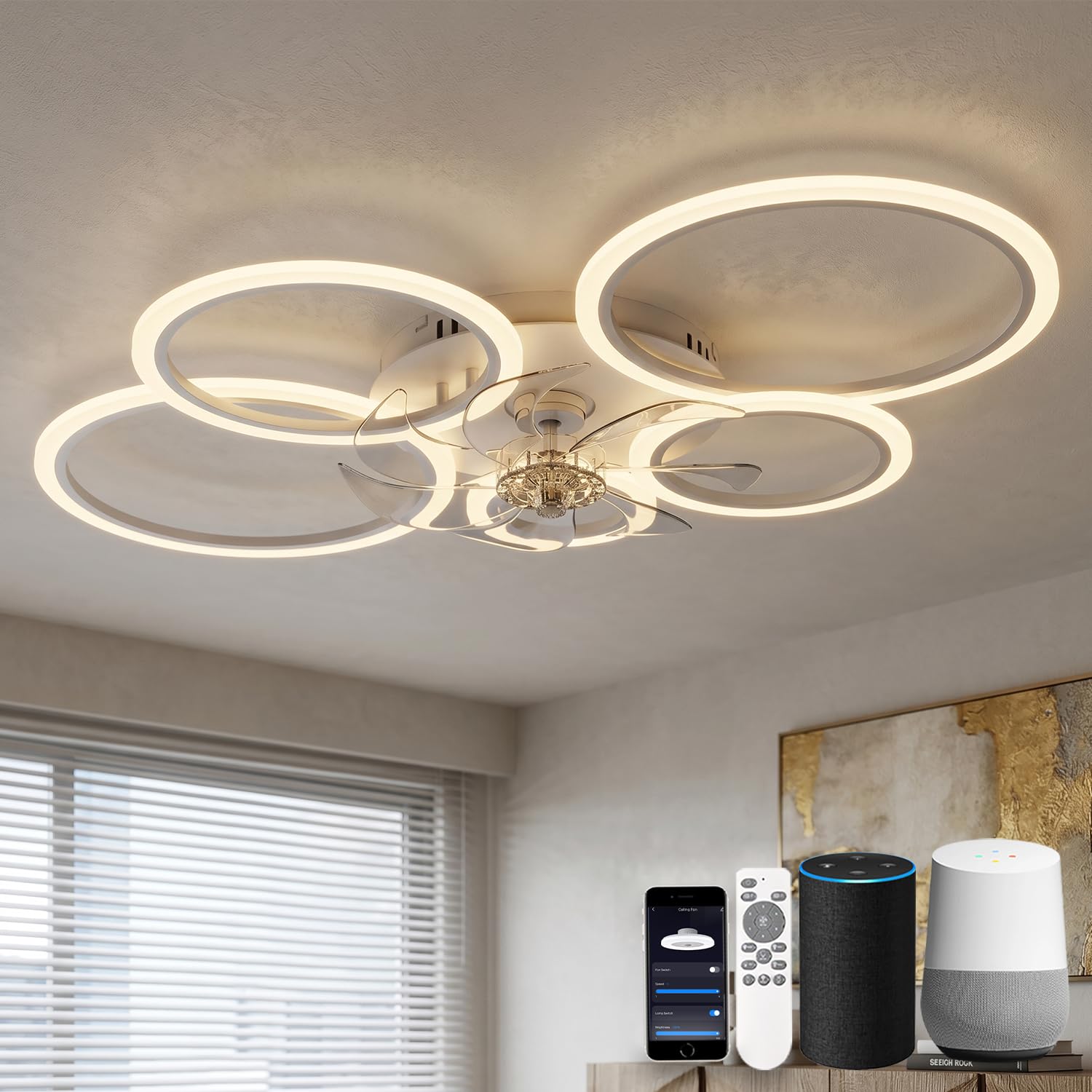 Kelukes White-Voice Control Ceiling Fan With Light Compatible With Alexa, 100Cm Living Room Ceiling Fan Light, Silent Timer Dimmable Reversible Ring Smart Fans With Lamps, White