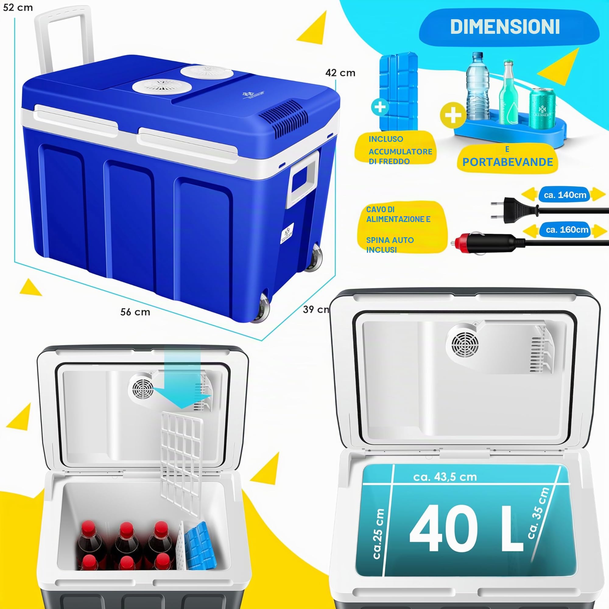 KESSER® Frigo box 40L con ruote | per mantenere il calore e il raffreddamento | frigo box termoelettrico | 12 Volt e 230 Volt| Mini frigo | Box termico per auto| incl. Pacchetti di raffreddamento