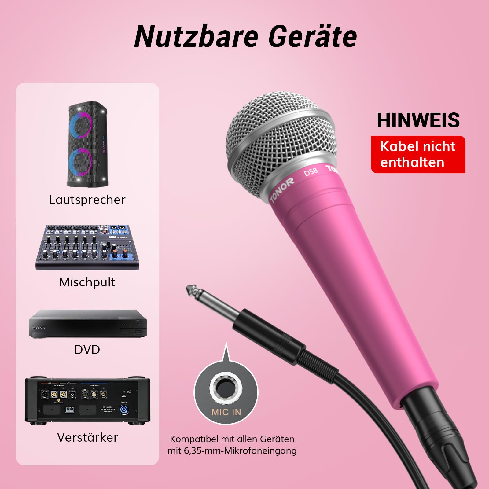 TONOR Dynamisches Gesangsmikrofon mit integriertem Poppfilter, XLR Mikrofon Handheld Microphone mit Rauschunterdrückung, 6,35 mm XLR-Ausgang für Gesang Bühne Aufnahme Karaoke Maschine, D58 Rosa
