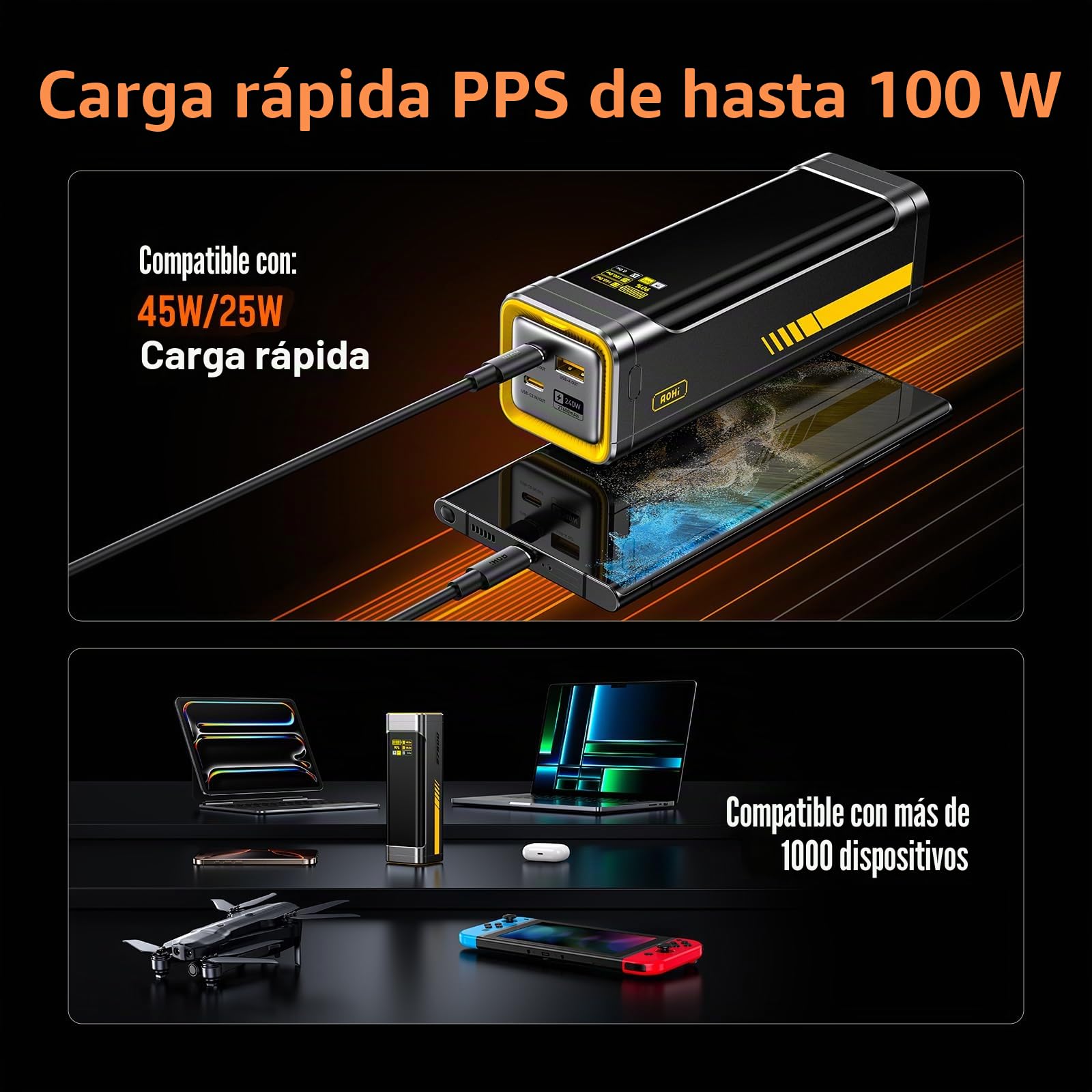AOHI The Future Starship - Cargador rápido portátil para portátil (240 W, PD 3.1, 27600 mAh, 140 W, para MacBook Pro, iPad Pro, iPhone 17 Pro Max, Galaxy, Steam Deck, color gris