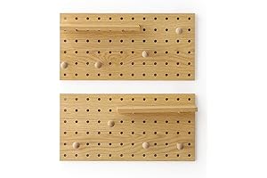 Wooden Pegboard Wall Organizer with Hooks & Oak Finish