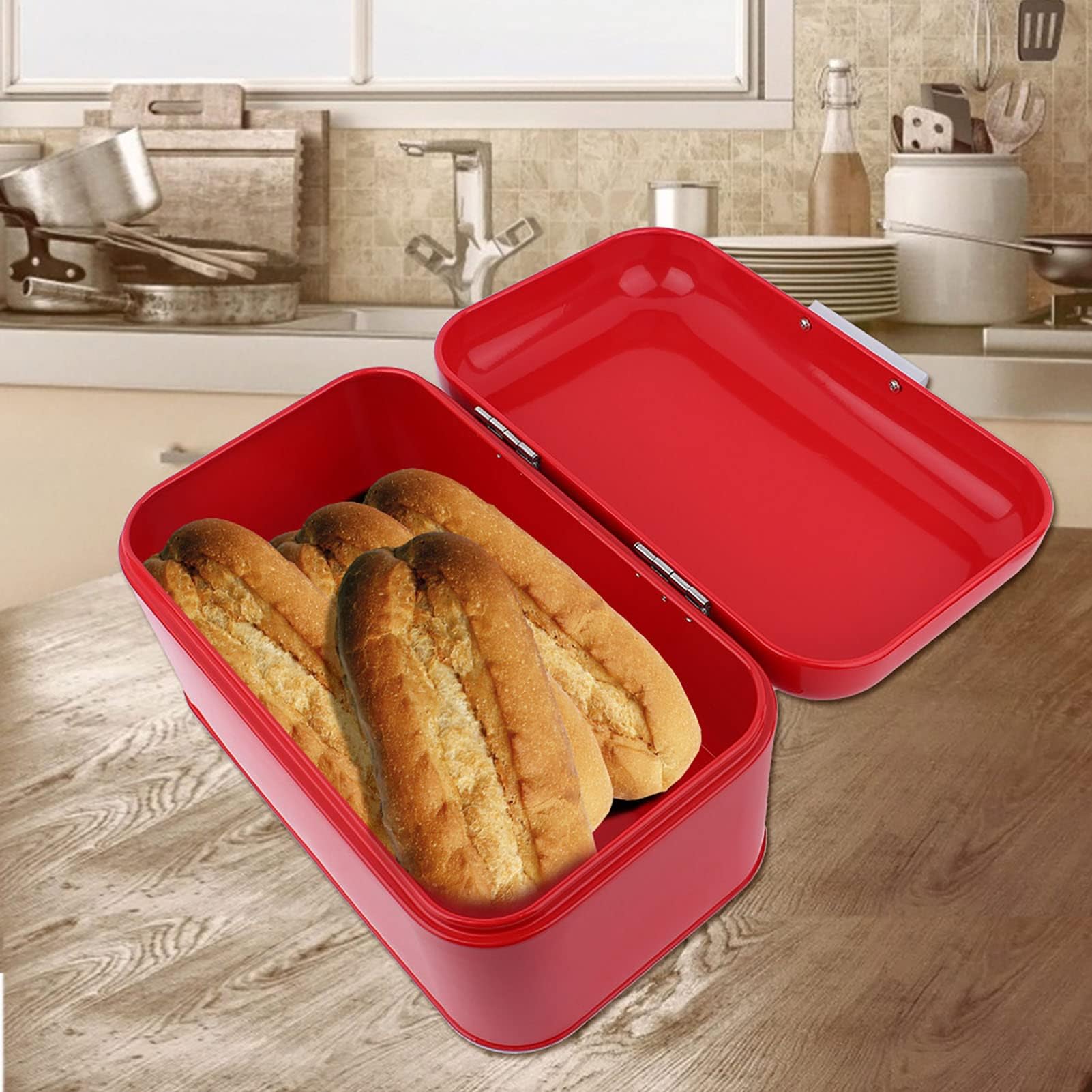Panera de metal de 30,5 x 18,1 x 16 cm Caja de pan de metal retro de color sólido color sólido estilo retro con tapa gran capacidad ideal para la encimera de la cocina (rojo)