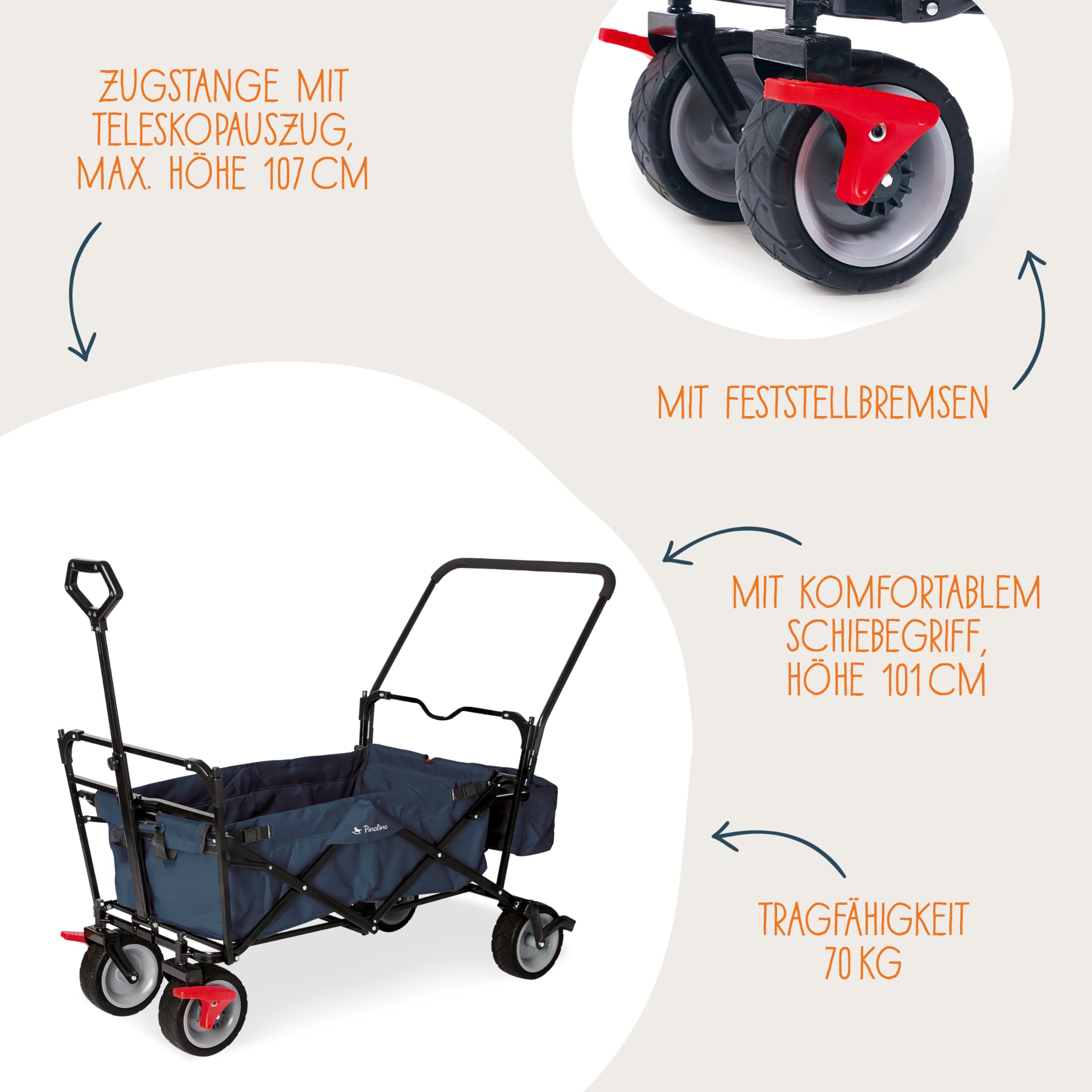 Pinolino 238021 Klappbollerwagen Paxi DLX Comfort mit Bremse, Sonnendach, Tragetasche, komfortabler Schiebegriff, Tragfähigkeit 70 kg, Marineblau, 134 x 59 x 102