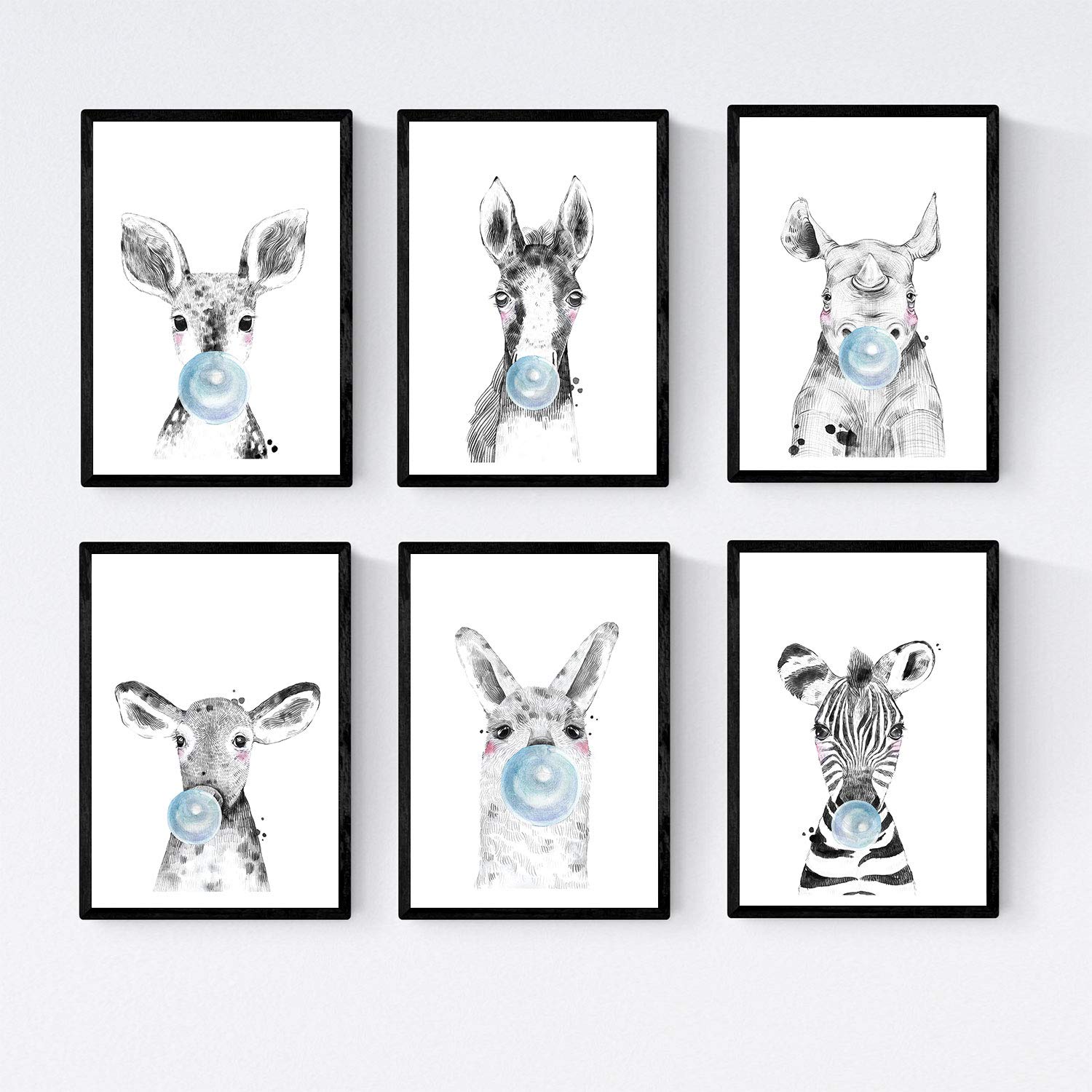 Nacnic September 6 posters baby animals with bubblegum. Zebra Rino Deer Cow Horse and Llama.Tamao A3, Blue Bubble Gum