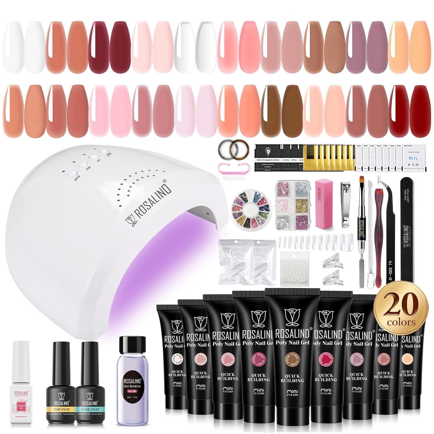 ROSALIND Poly Nail Gel Kit -20 Colors + 72Nail Art Accessories Kit, Nude Clear Poly Nail Gel Nail Kit Starter Kit with Big U V Lamp Slip Solution for Pink Nail Extensions Gel Dual Forms Nail Brush 20pcs Poly Nail Gel 48W Nail Lamp Set