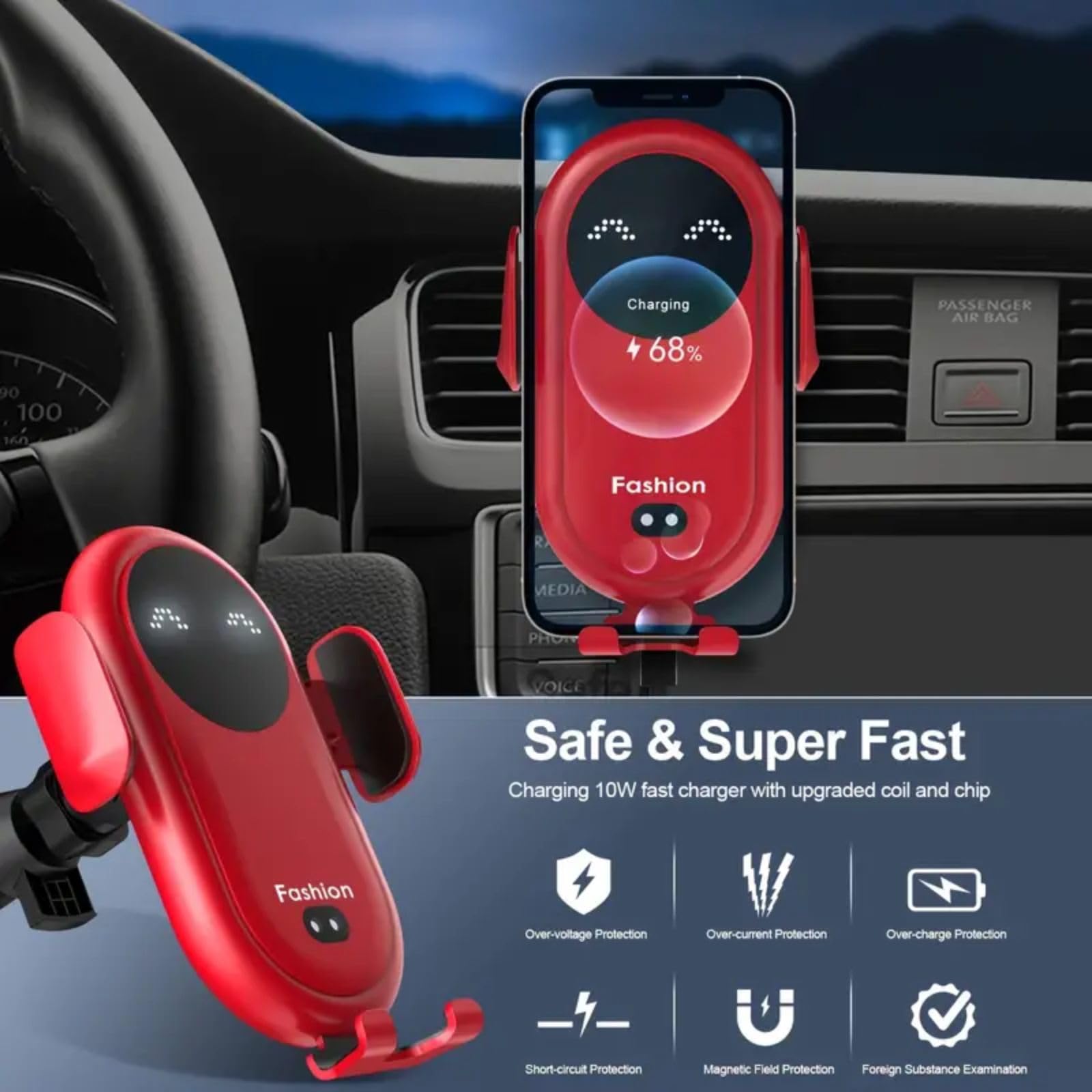 Supporto per telefono da auto da 15 W, caricatore wireless a induzione, blocco automatico intelligente, supporto per caricabatterie da auto wireless, supporto per presa d'aria, per iPhone 15 14 13 12