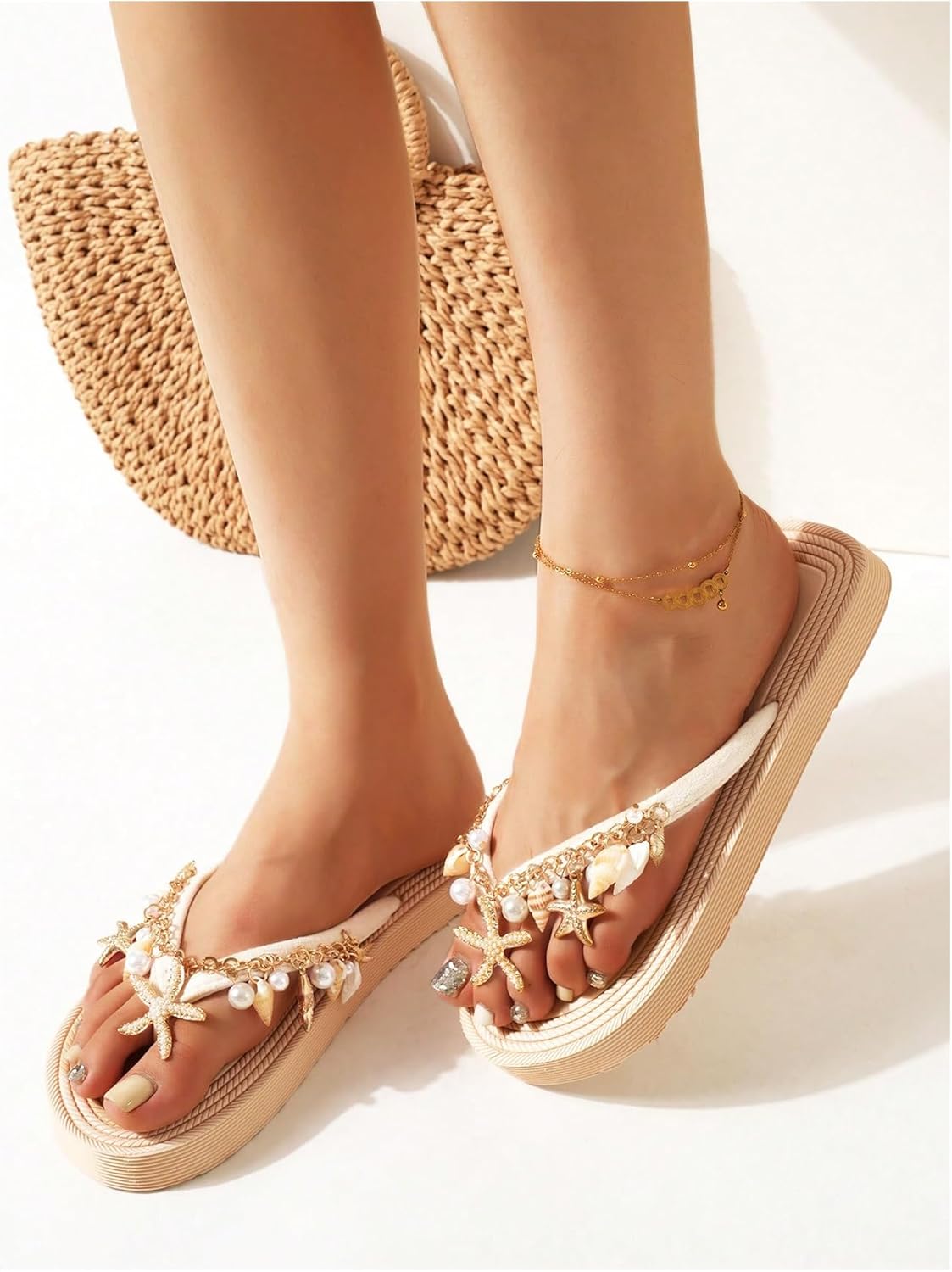 Verdusa Women's Boho Starfish Pearl Rhinestone Thong Sandals Open Toe Slip on Flip Flop Sandals - Image 4