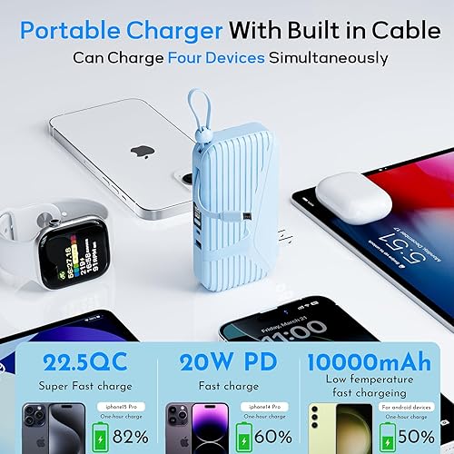 Miniatura 3 de Cargador portátil para iPhone, cables integrados y enchufe de pared, cargador de batería USB C de carga rápida de 10000 mAh y 27 W, batería esencial