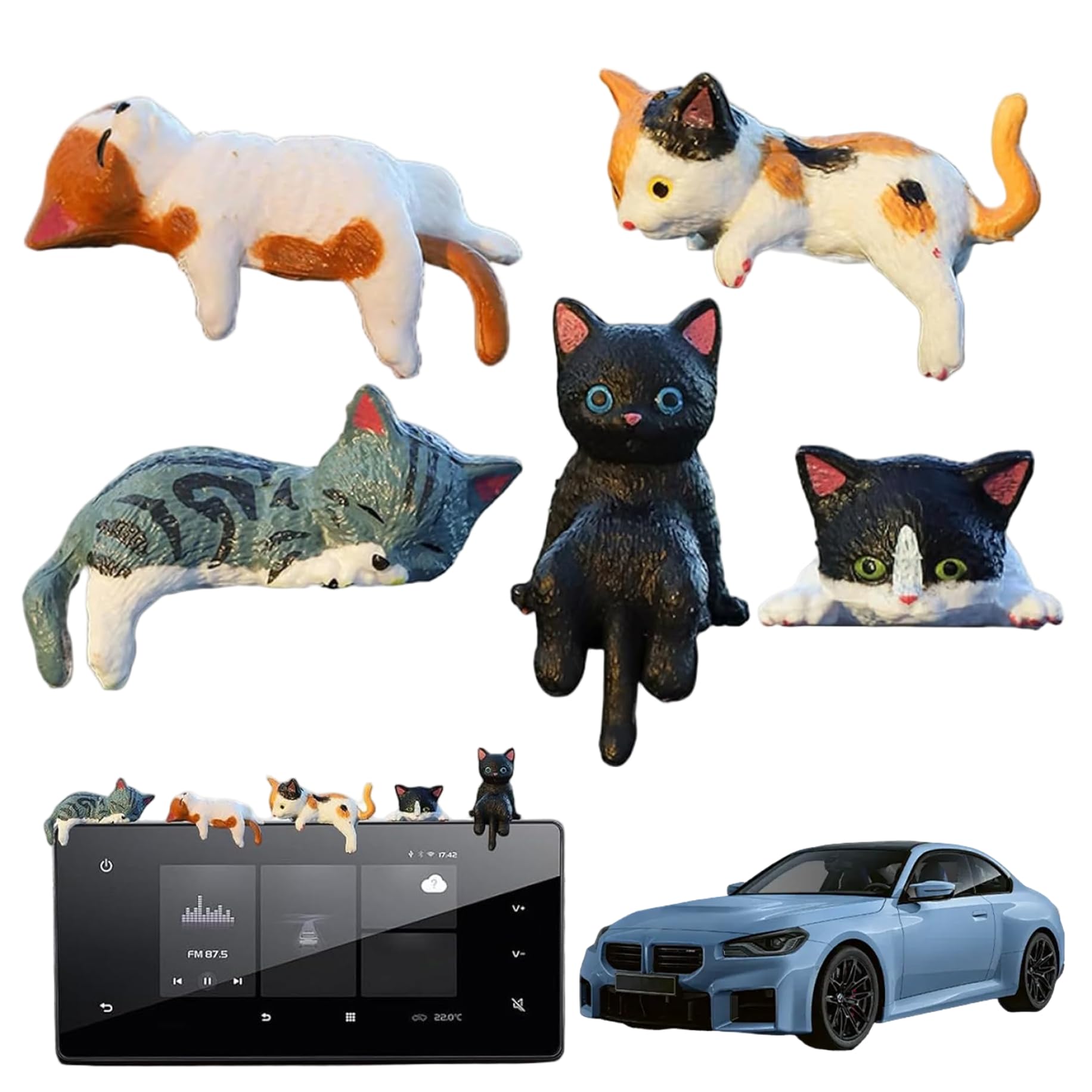 Hotainoys 5Pcs Mini Cat Figurines Cute Resin Computer Decorations Adorable Cat Car Decor For Dashboard, Center Console & Office Desk Monitor Decor