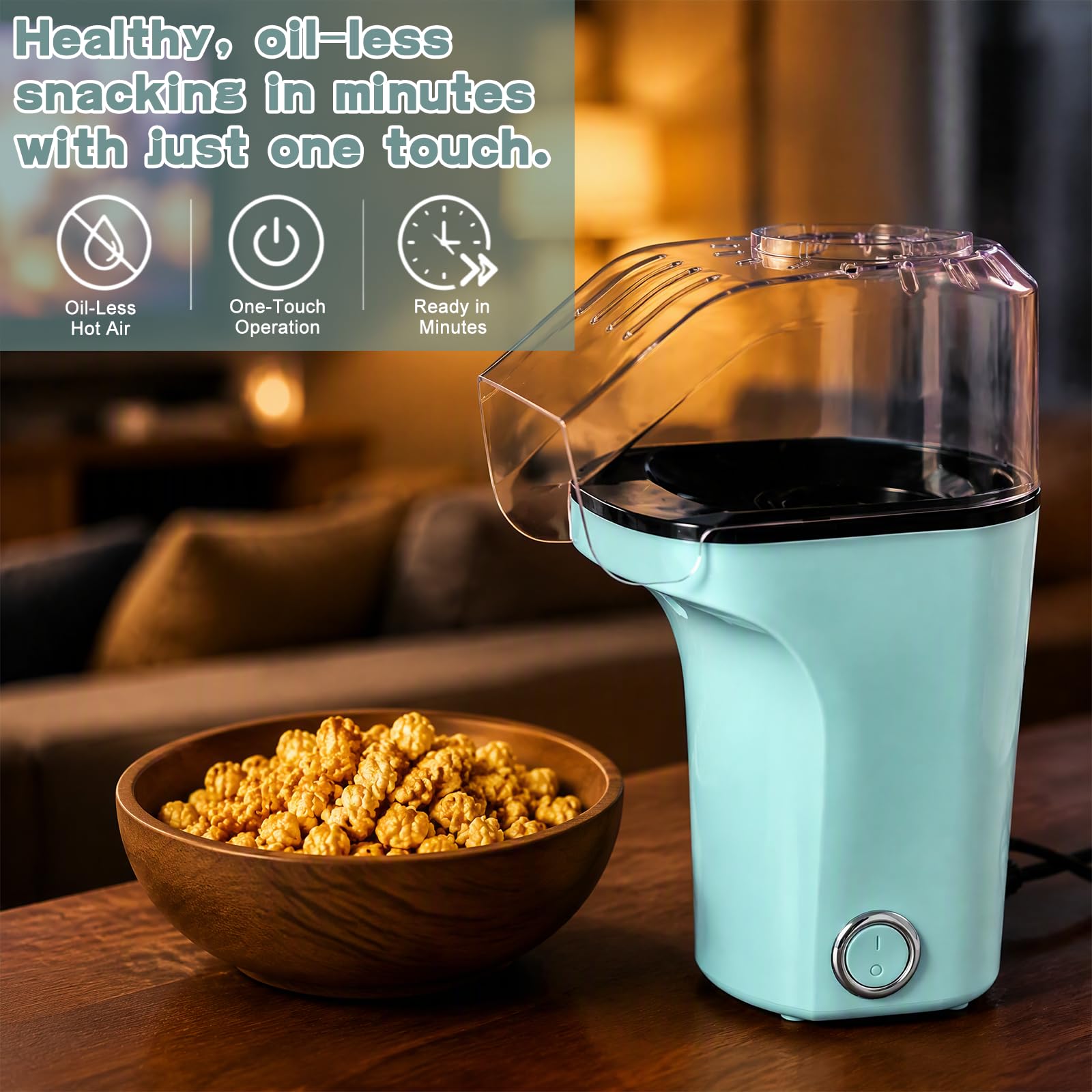 Maszyna do popcornu z gorącym powietrzem, 1200 W, bezolejowa maszynka do popcornu z przyciskiem One-Touch, zdrowa przekąska kukurydziana na wieczory filmowe, urodziny dziecka i święta
